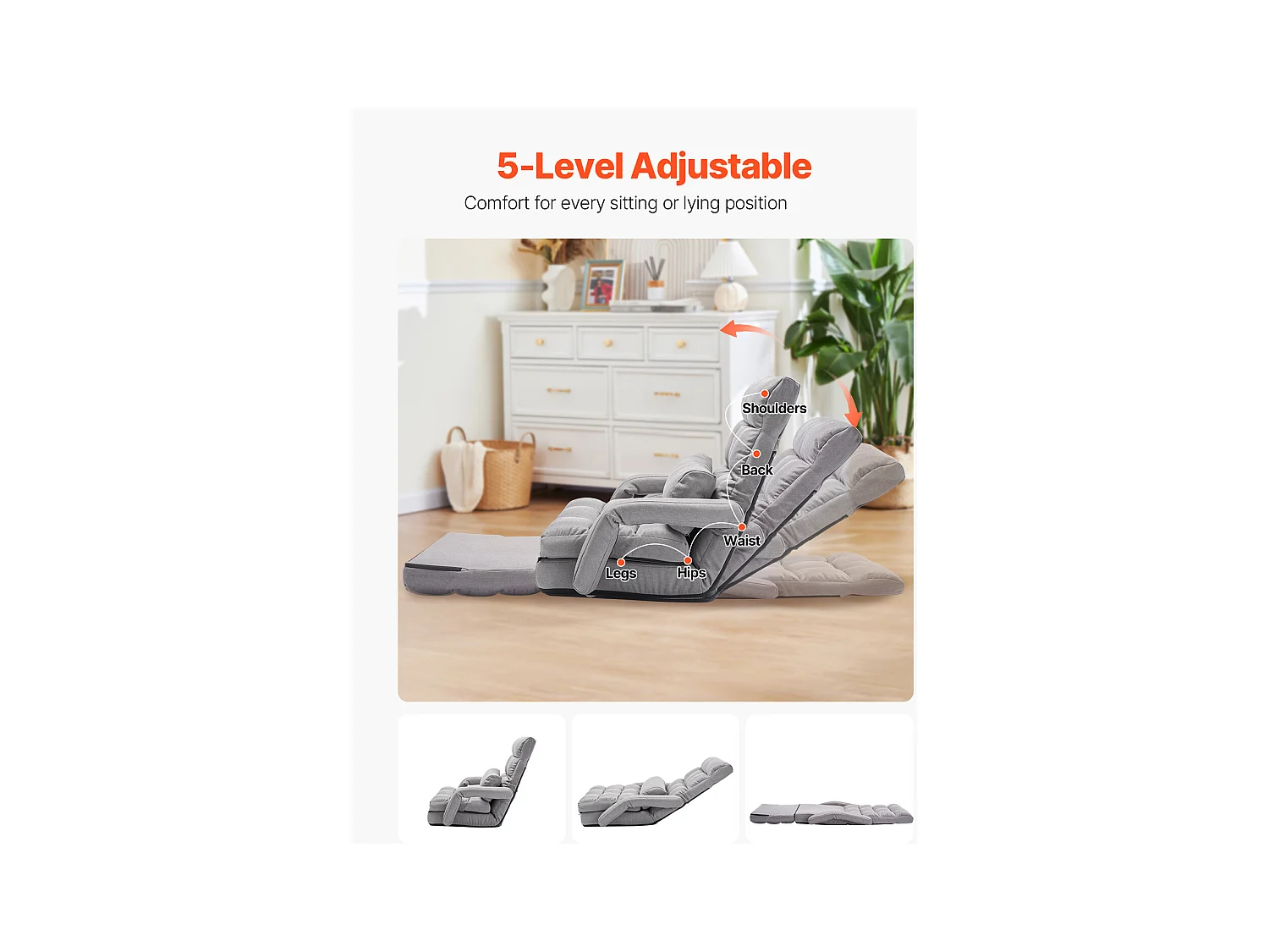 Sedia da Terra SucceBuy Sedia da Terra - 5 Posizioni Regolabili, Braccioli - Sedia da Gaming da Terra, Ideale come Divano Letto con Cuscino per lo Schienale