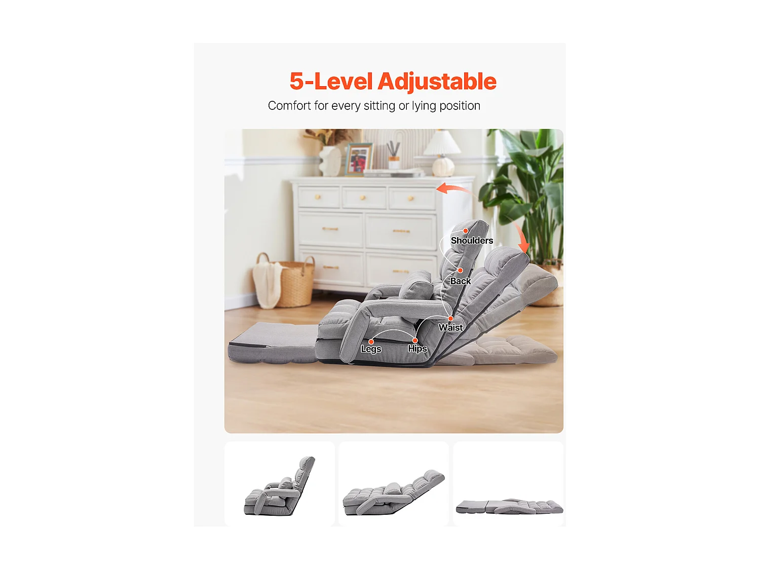 Chaise de Sol SucceBuy Chaise de Sol - 5 Positions Réglables, Accoudoirs - Chaise de Jeu au Sol, Idéal comme Canapé-Lit avec Coussin de Dossier