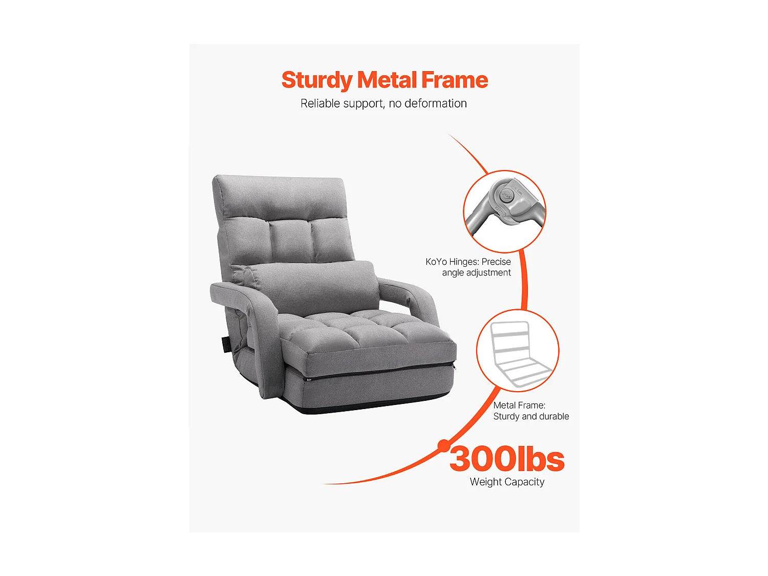 Chaise de Sol SucceBuy Chaise de Sol - 5 Positions Réglables, Accoudoirs - Chaise de Jeu au Sol, Idéal comme Canapé-Lit avec Coussin de Dossier