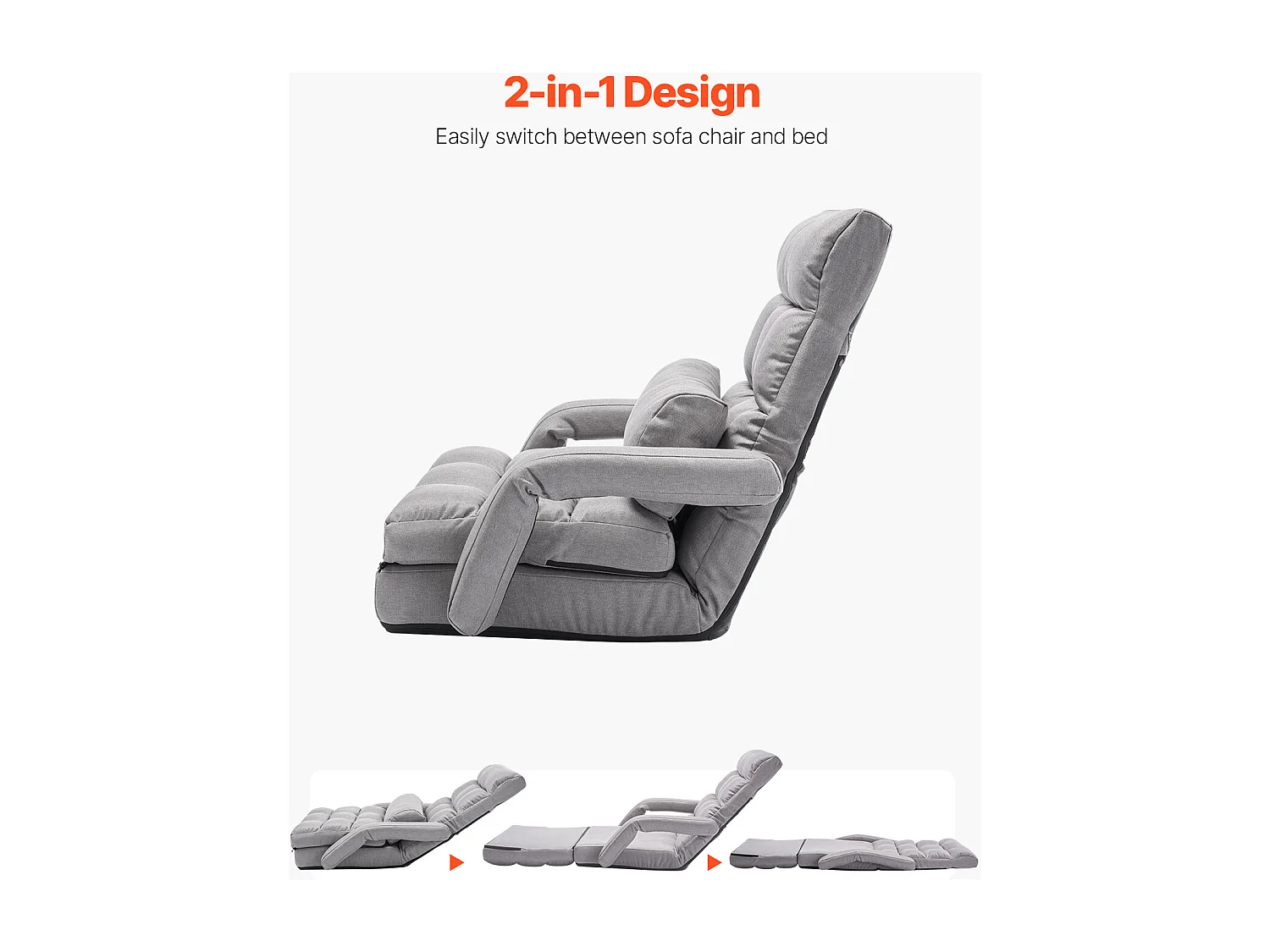 Chaise de Sol SucceBuy Chaise de Sol - 5 Positions Réglables, Accoudoirs - Chaise de Jeu au Sol, Idéal comme Canapé-Lit avec Coussin de Dossier