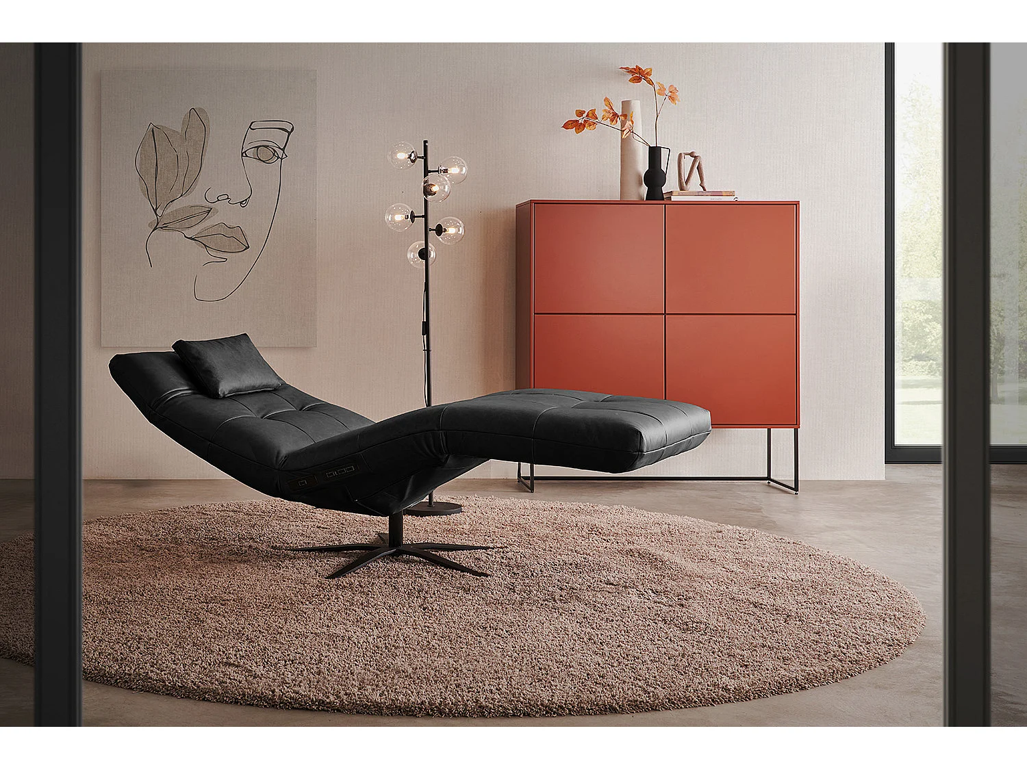 Chaise longue - Noir cuir - LETICIA