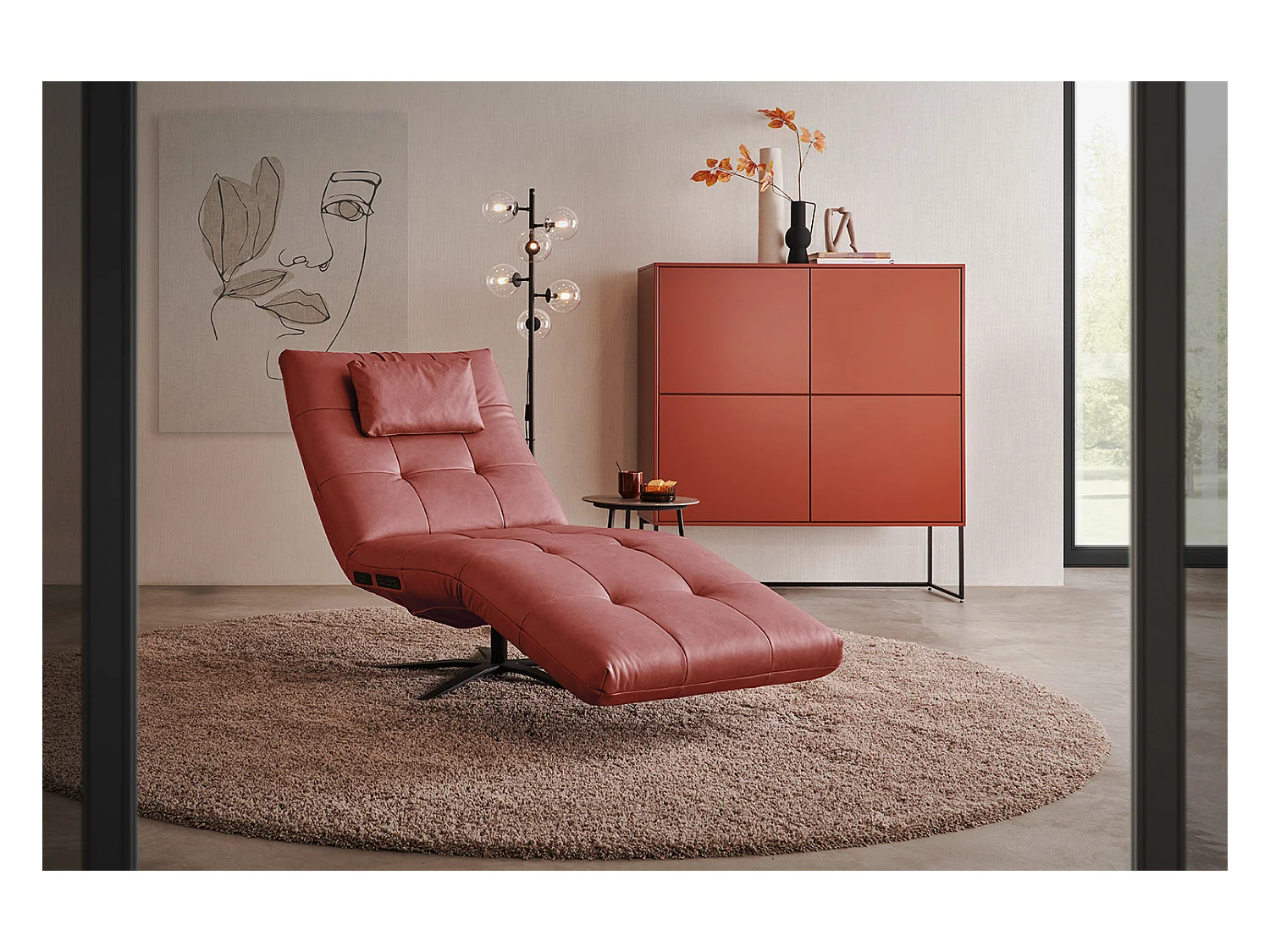 Chaise longue - Rouge cuir - LETICIA