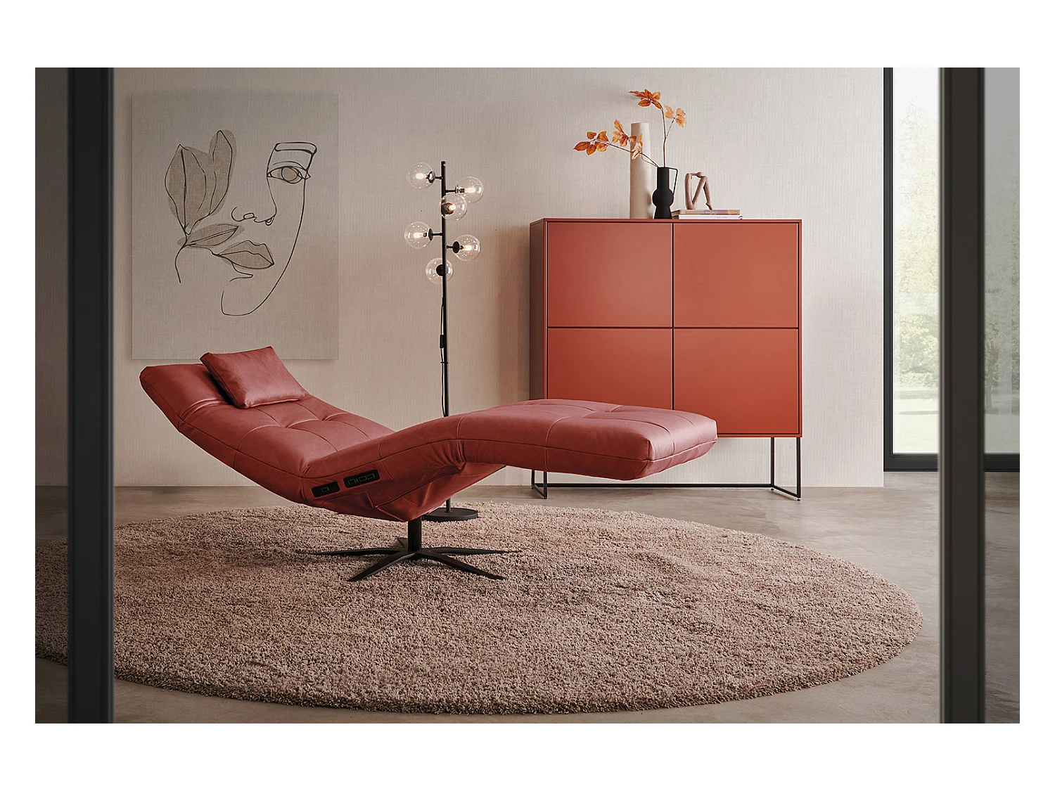 Chaise longue - Rouge cuir - LETICIA
