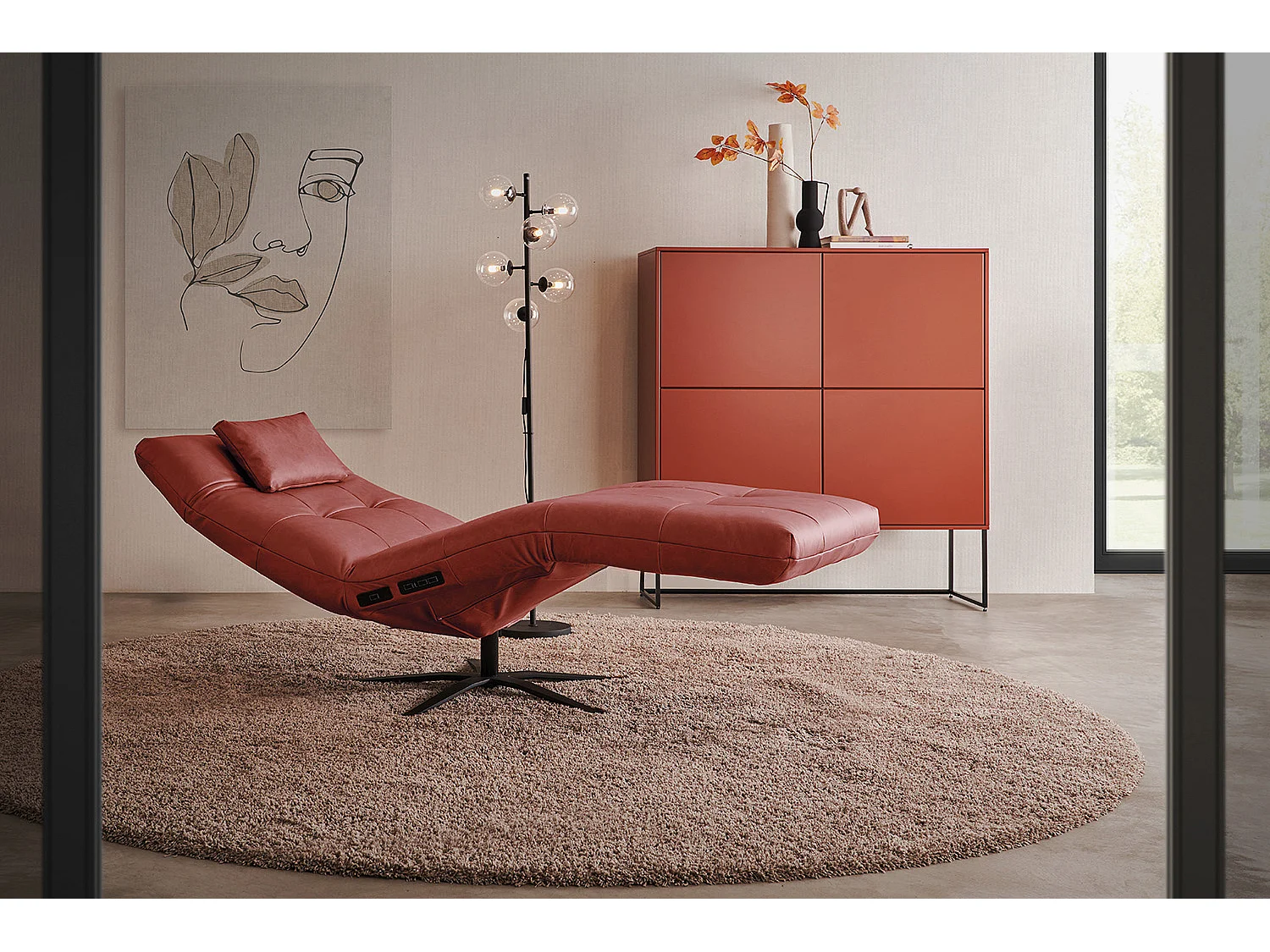Chaise longue - Rouge cuir - LETICIA