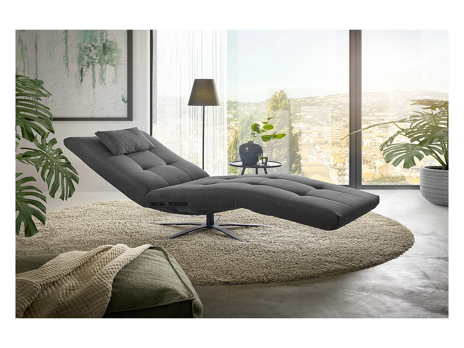 Chaise longue - anthracite Velours côtelé - LETICIA