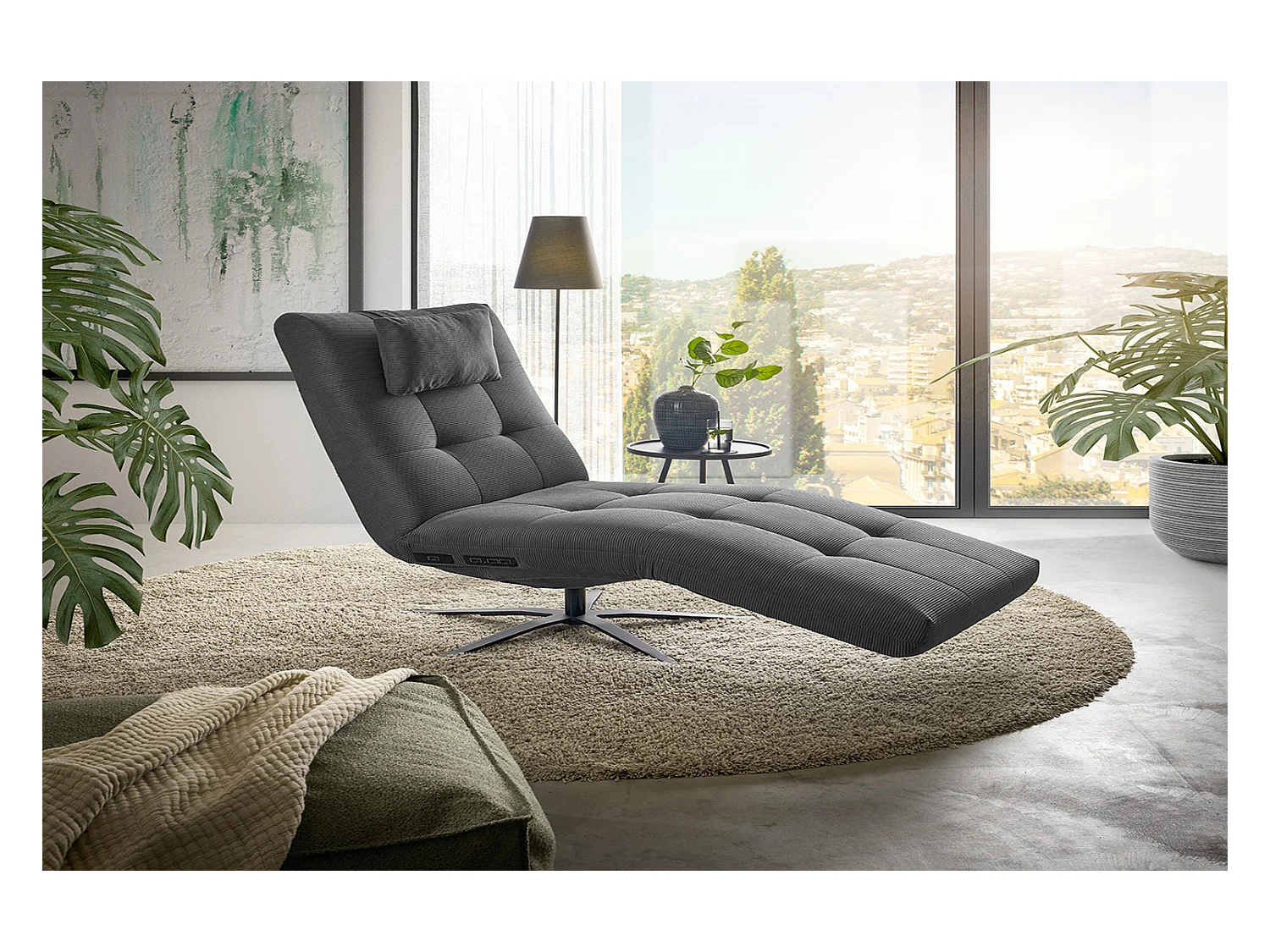 Chaise longue - anthracite Velours côtelé - LETICIA