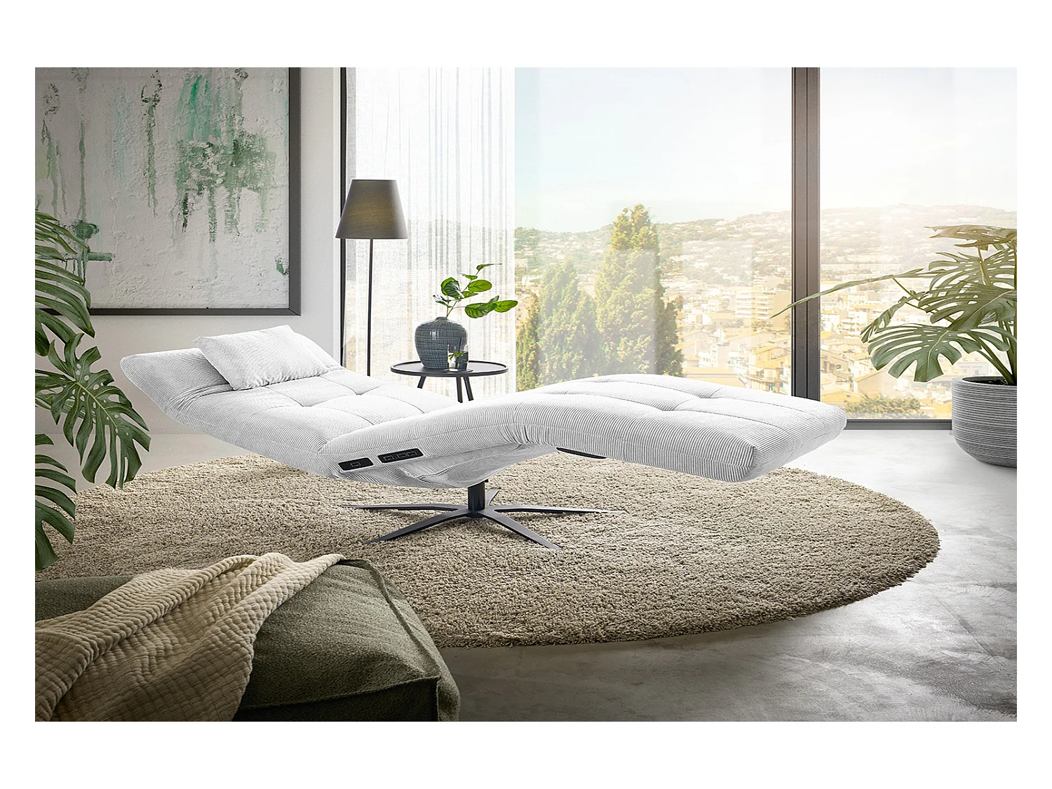 Chaise longue - blanc Velours côtelé - LETICIA