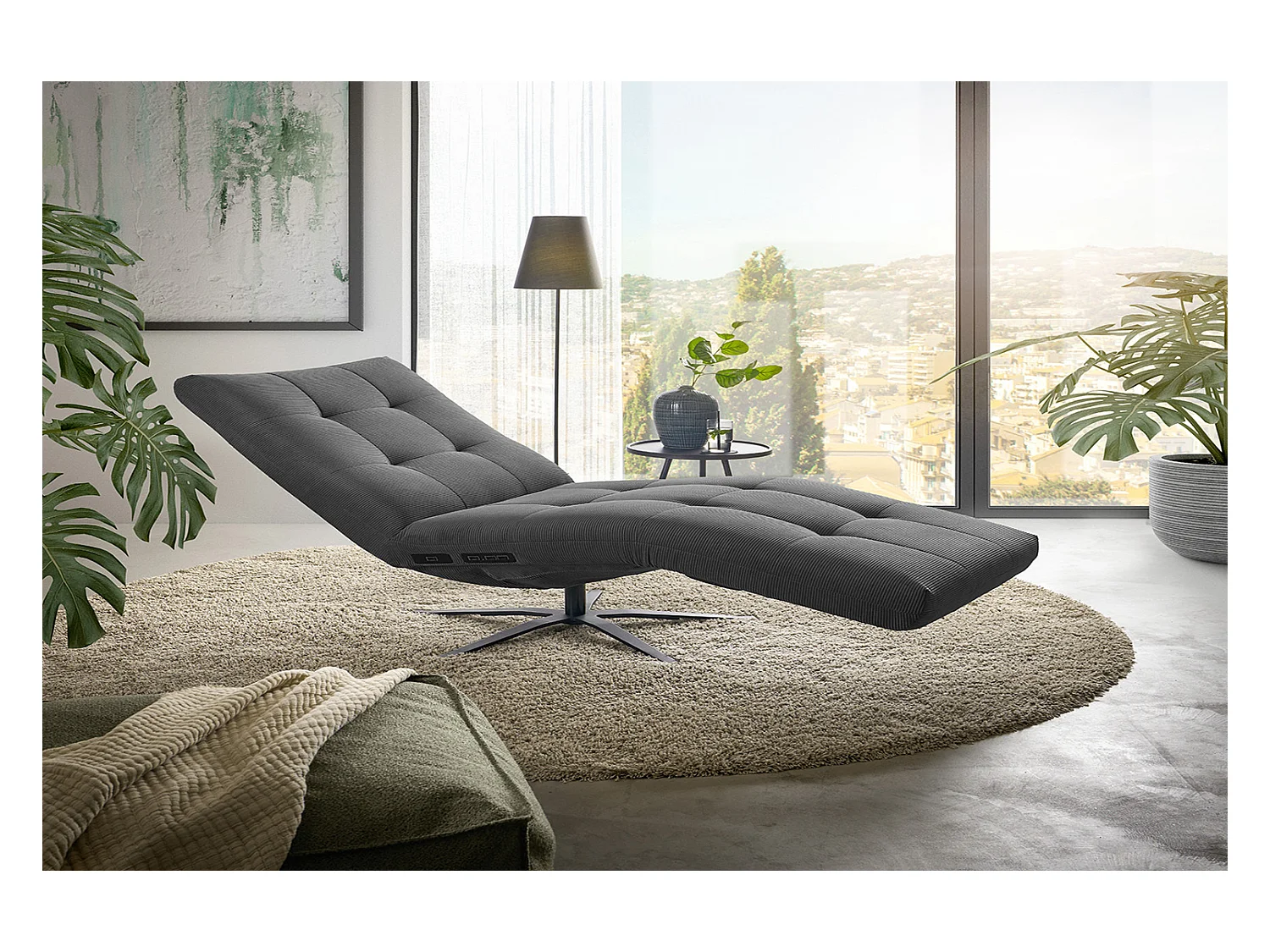 Chaise longue - anthracite Velours côtelé - LETICIA