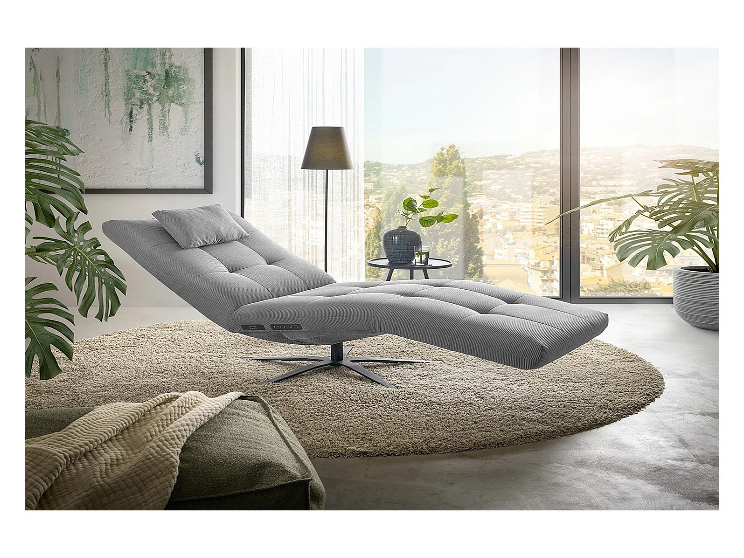 Chaise longue - Gris Velours côtelé - LETICIA