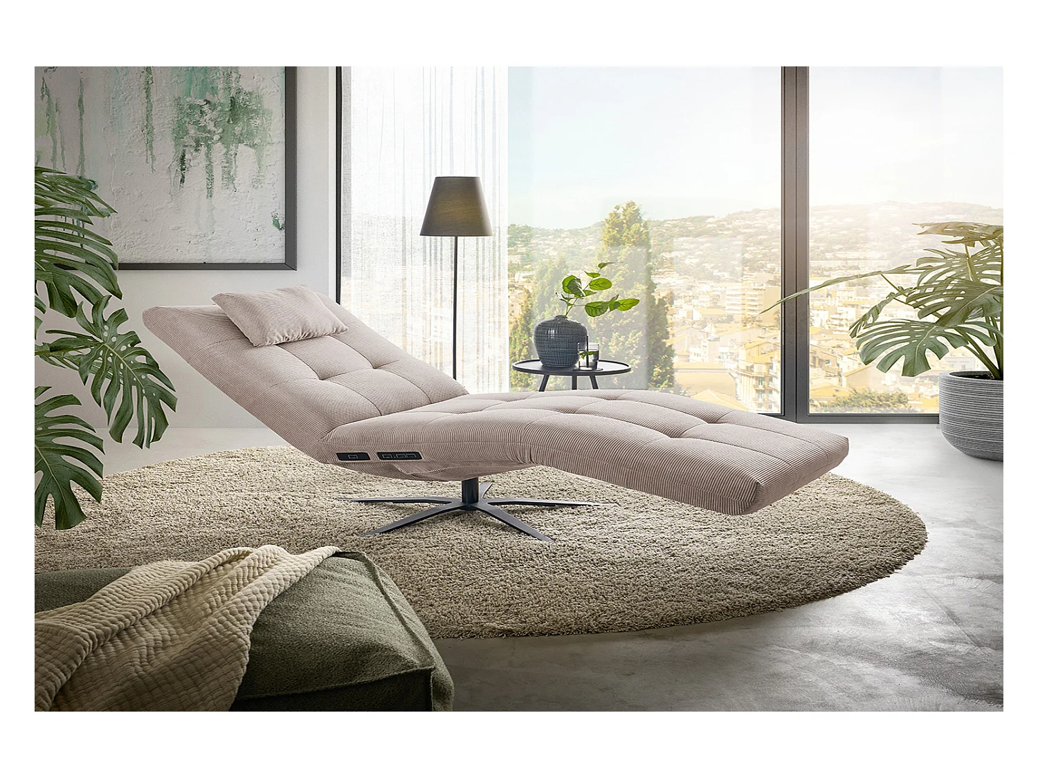 Chaise longue - beige Velours côtelé - LETICIA
