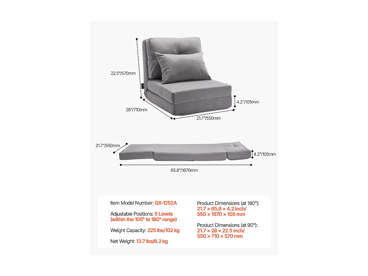 Chaise de Sol SucceBuy Chaise de Sol Convertible avec 5 Positions Ajustables, Canapé-Lit Rembourré avec Dossier Réglable, Structure Métallique et Coussin