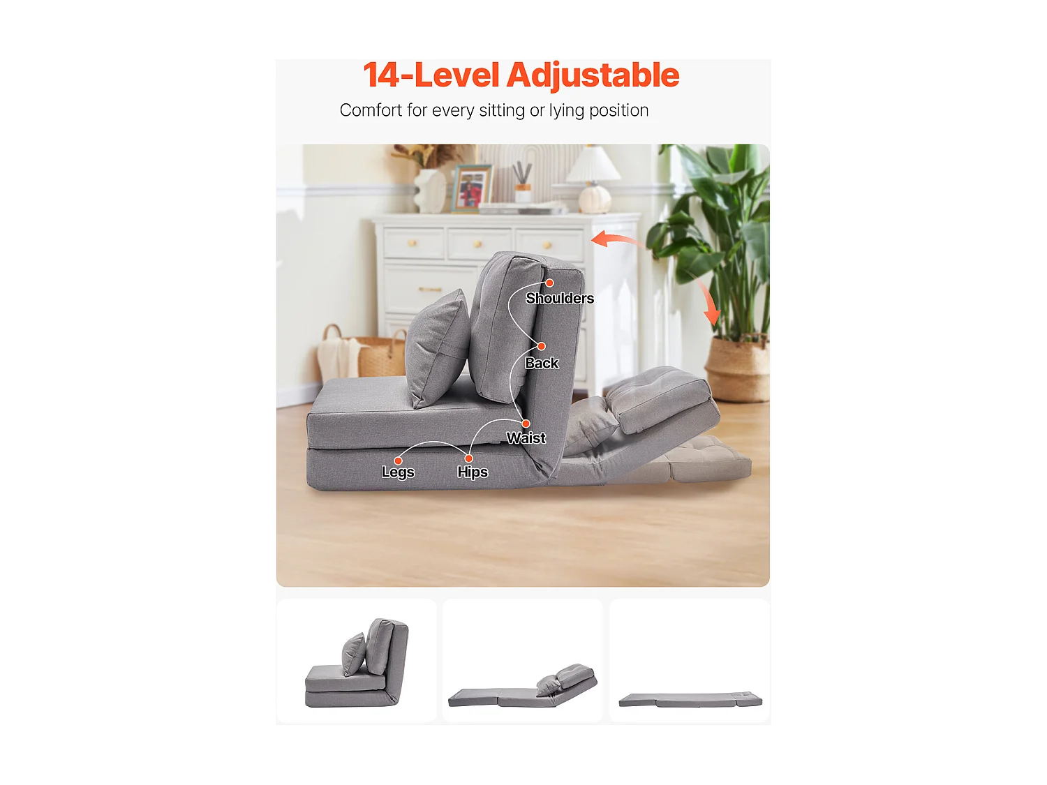 Chaise de Sol SucceBuy Chaise de Sol Convertible avec 5 Positions Ajustables, Canapé-Lit Rembourré avec Dossier Réglable, Structure Métallique et Coussin