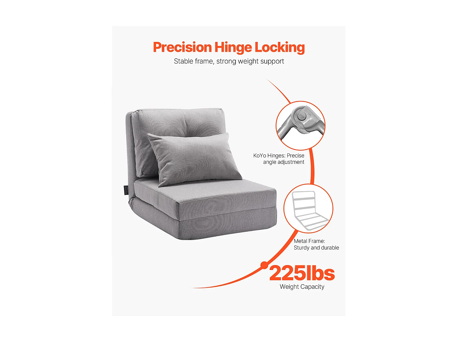 Chaise de Sol SucceBuy Chaise de Sol Convertible avec 5 Positions Ajustables, Canapé-Lit Rembourré avec Dossier Réglable, Structure Métallique et Coussin