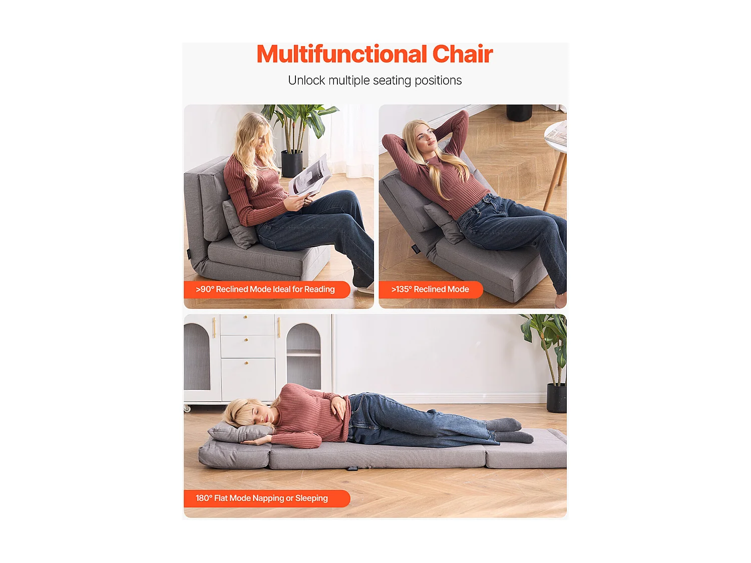 Chaise de Sol SucceBuy Chaise de Sol Convertible avec 5 Positions Ajustables, Canapé-Lit Rembourré avec Dossier Réglable, Structure Métallique et Coussin