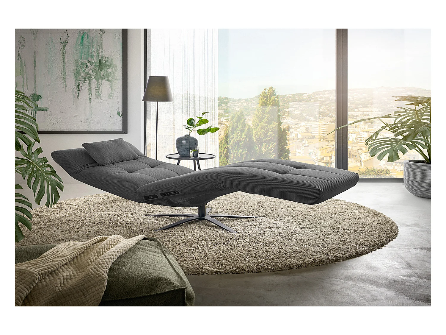 Chaise longue - anthracite Velours côtelé - LETICIA