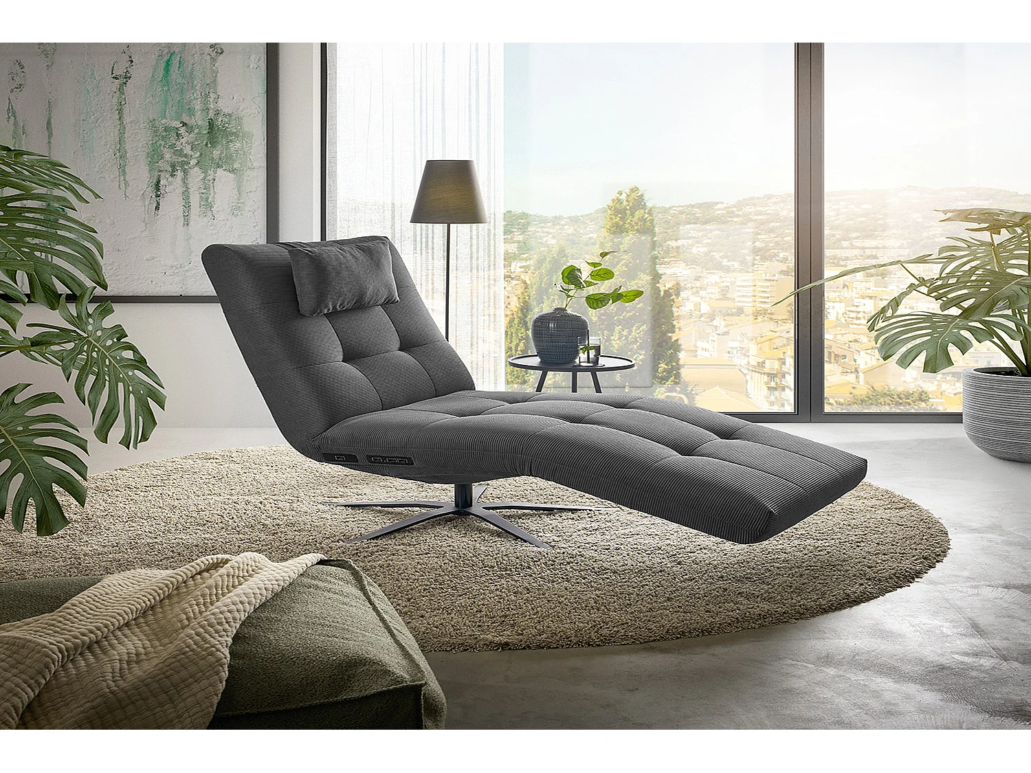 Chaise longue - anthracite Velours côtelé - LETICIA