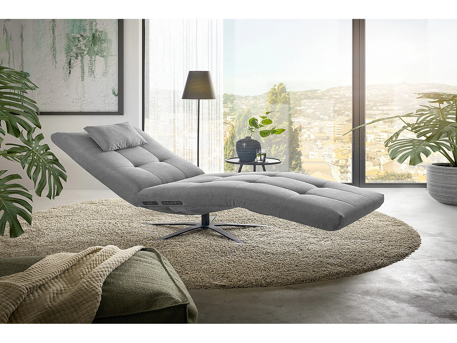 Chaise longue - Gris Velours côtelé - LETICIA