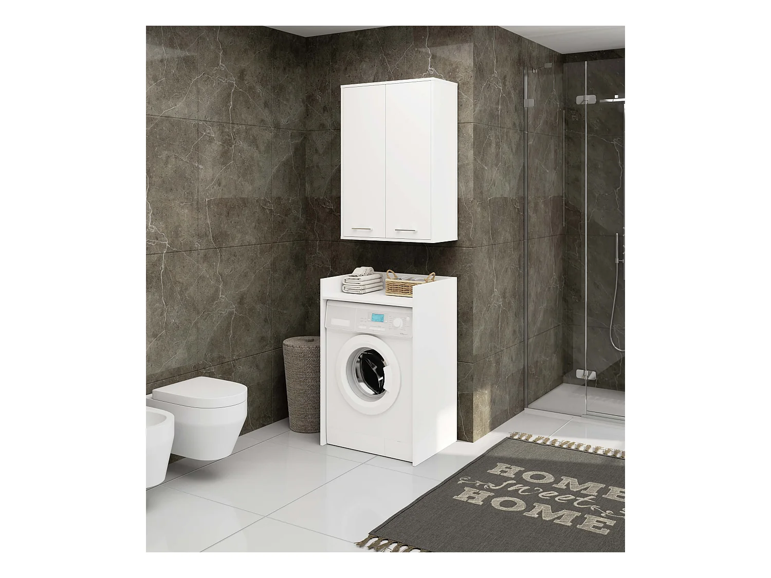 Badezimmer-Hängeschrank FIN Weiß 64 cm 2 Türen 4 Regalböden B64xH94xT30 cm