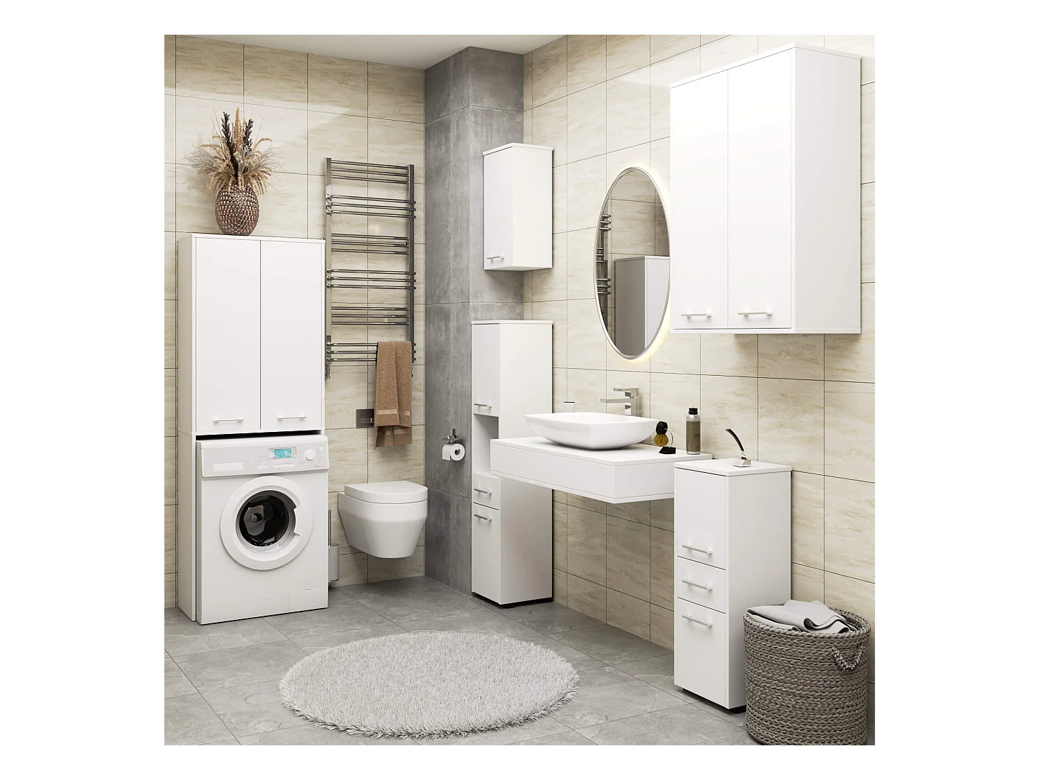 Badezimmer-Hängeschrank FIN Weiß 64 cm 2 Türen 4 Regalböden B64xH94xT30 cm