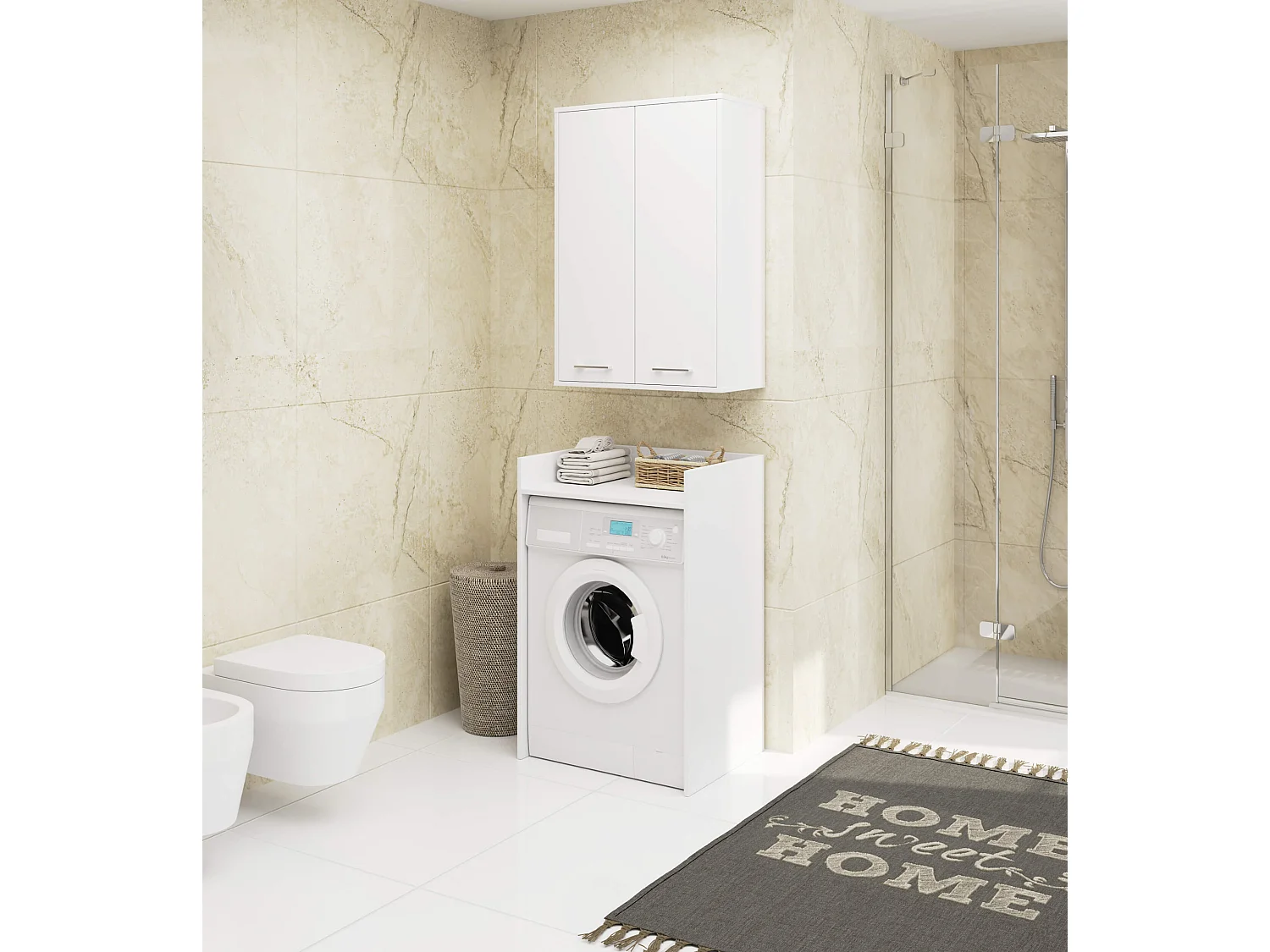 Badezimmer-Hängeschrank FIN Weiß 64 cm 2 Türen 4 Regalböden B64xH94xT30 cm