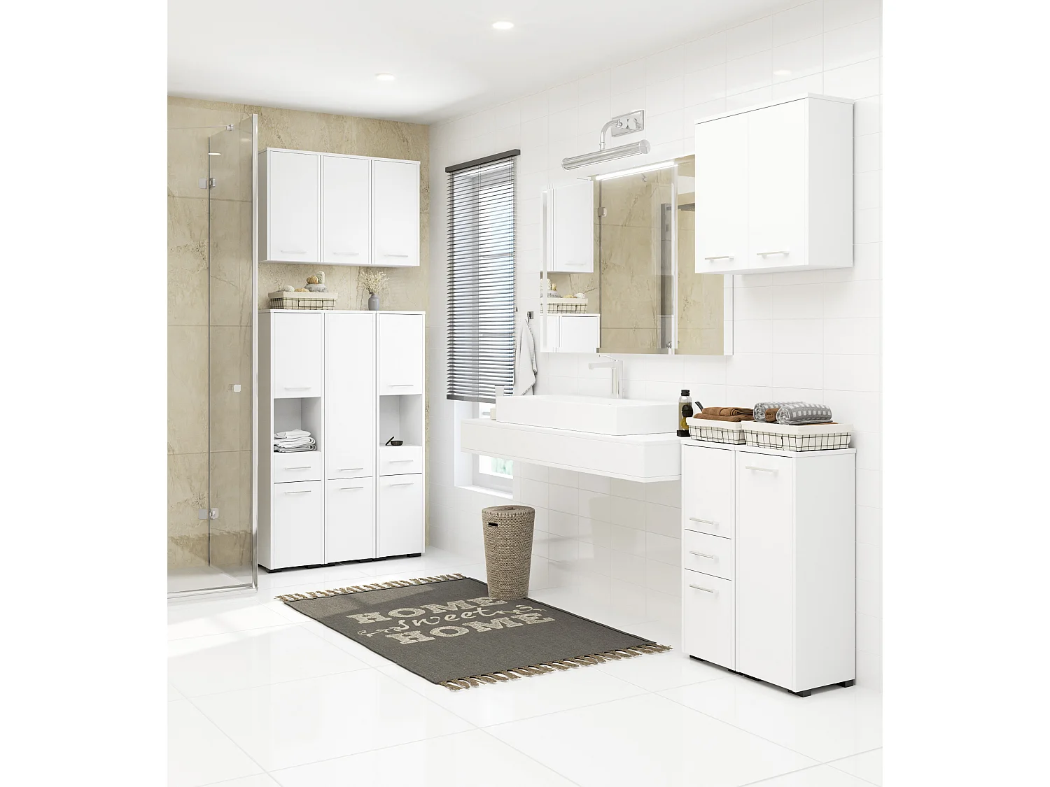 Armoire salle de bains suspendue AKORD FIN Blanche 64 cm 2 portes pleine Blanche 4 étagères 64x30x94 cm