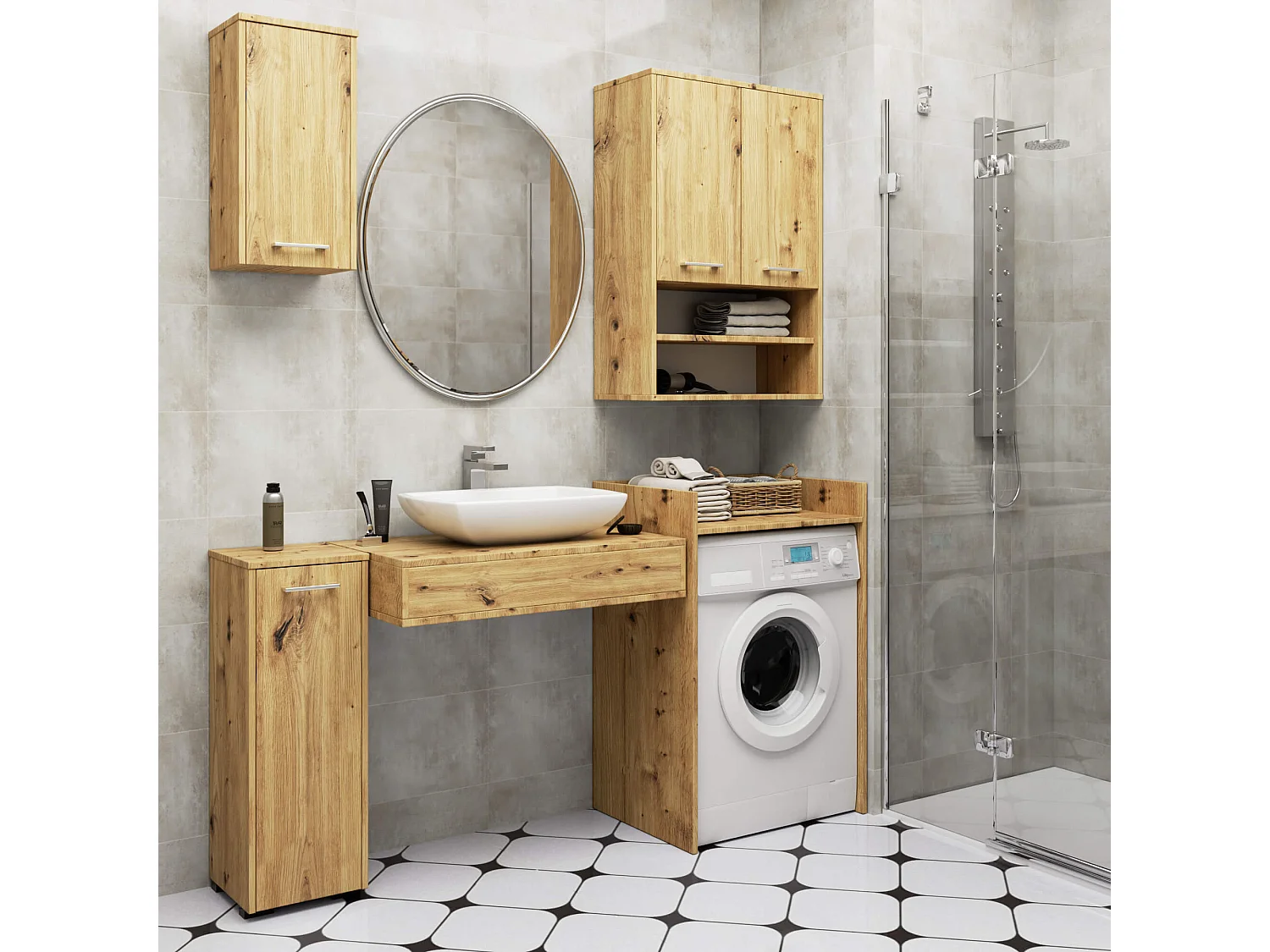 Armoire salle de bains suspendue AKORD FIN Chêne Artisan 64 cm 2 portes pleine Chêne Artisan 4 étagères 64x30x94 cm