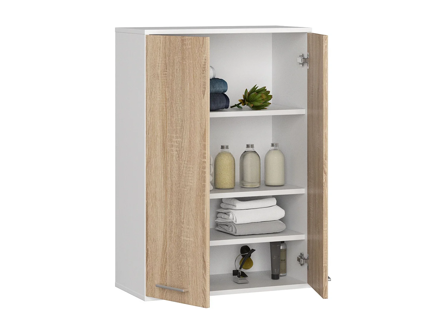 Armoire salle de bains suspendue AKORD FIN Blanche 64 cm 2 portes pleine Chêne Sonoma 4 étagères 64x30x94 cm