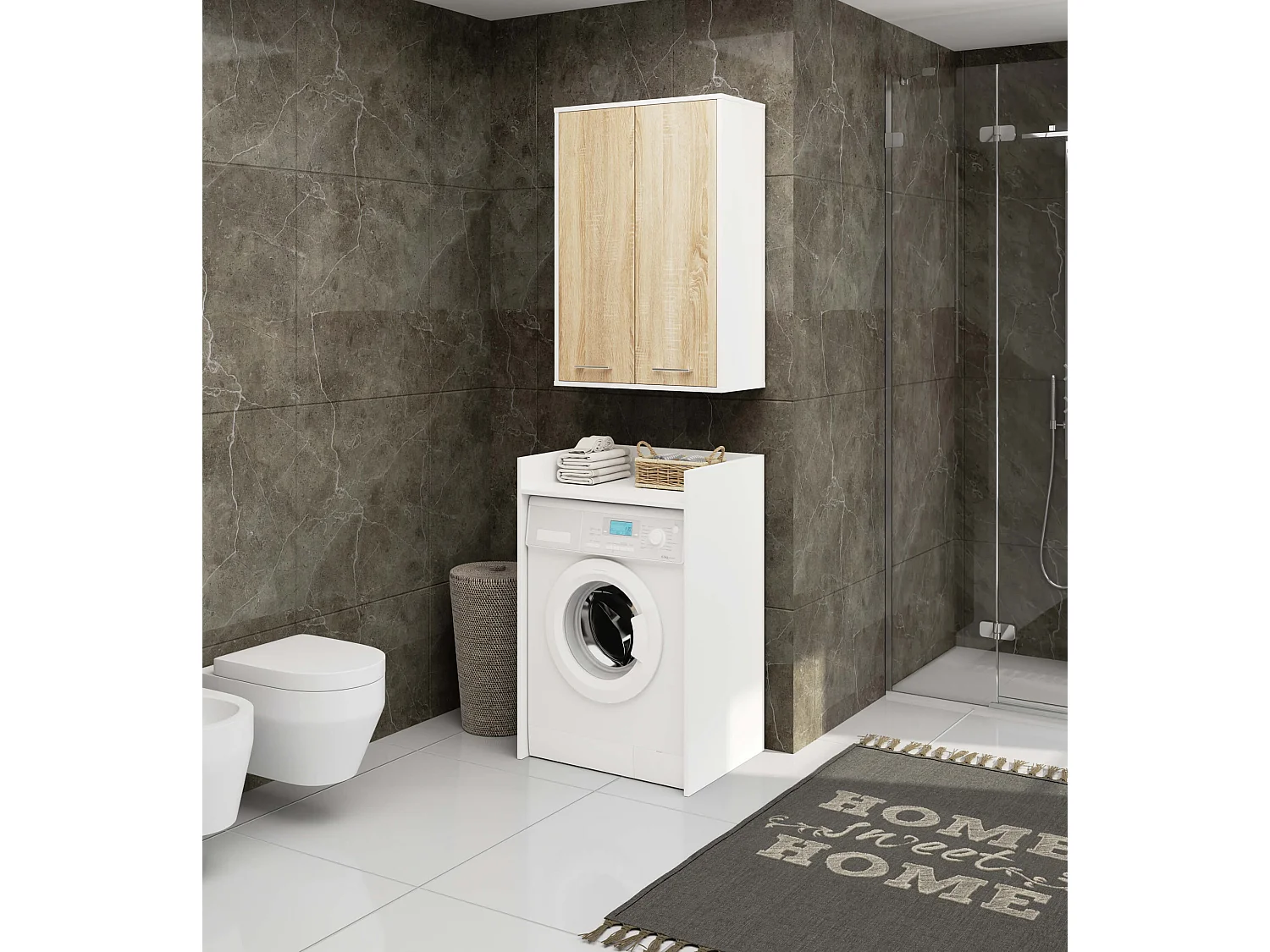 Armoire salle de bains suspendue AKORD FIN Blanche 64 cm 2 portes pleine Chêne Sonoma 4 étagères 64x30x94 cm