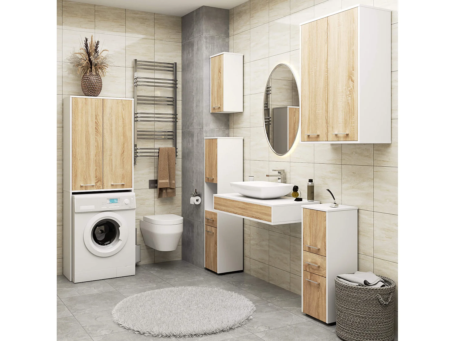 Armoire salle de bains suspendue AKORD FIN Blanche 64 cm 2 portes pleine Chêne Sonoma 4 étagères 64x30x94 cm