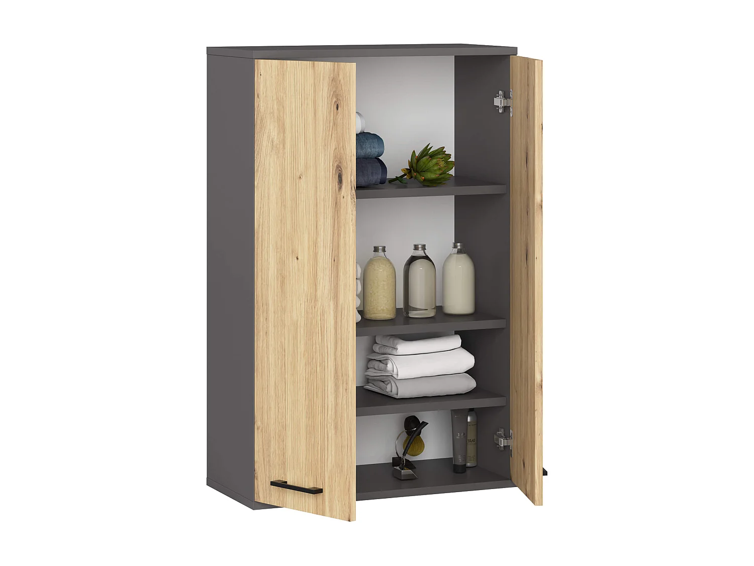 Armoire salle de bains suspendue AKORD FIN Gris Graphite 64 cm 2 portes pleine Chêne Artisan 4 étagères 64x30x94 cm