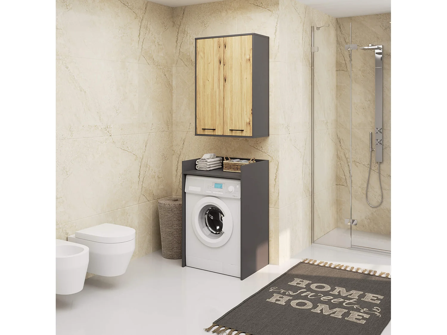 Armoire salle de bains suspendue AKORD FIN Gris Graphite 64 cm 2 portes pleine Chêne Artisan 4 étagères 64x30x94 cm