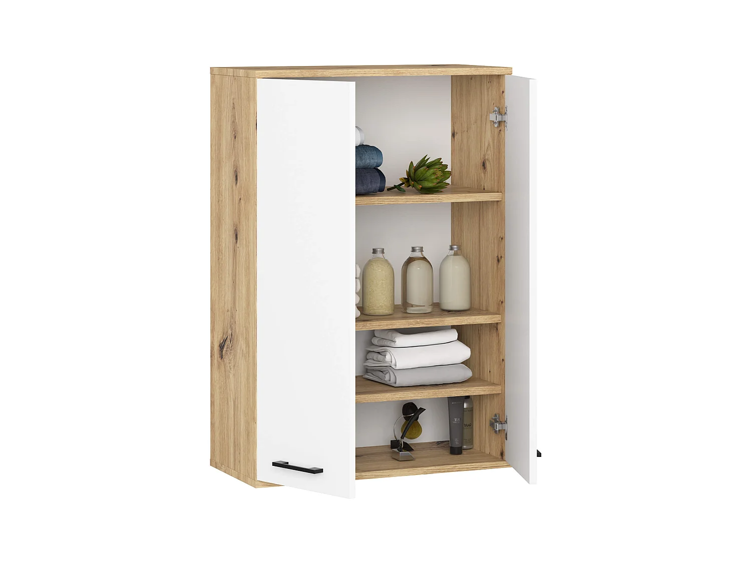 Badezimmer-Hängeschrank FIN Artisan Eiche 64 cm 2 Türen Front Weiß 4 Regalböden B64xH94xT30 cm