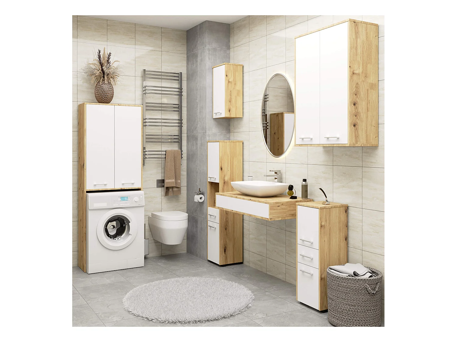 Badezimmer-Hängeschrank FIN Artisan Eiche 64 cm 2 Türen Front Weiß 4 Regalböden B64xH94xT30 cm