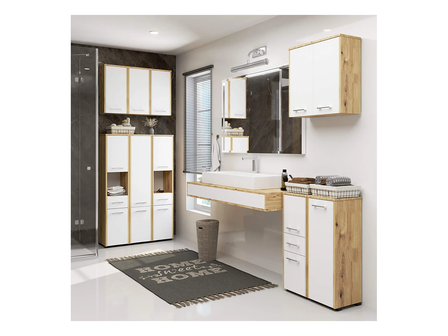 Badezimmer-Hängeschrank FIN Artisan Eiche 64 cm 2 Türen Front Weiß 4 Regalböden B64xH94xT30 cm