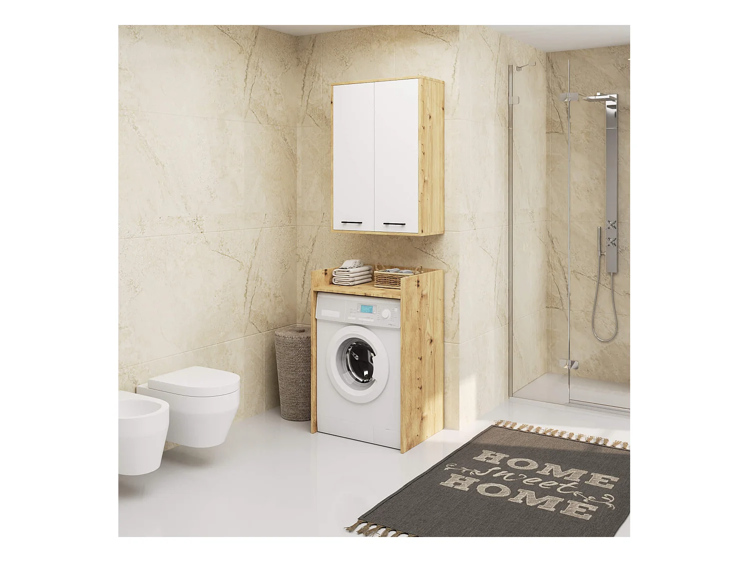 Badezimmer-Hängeschrank FIN Artisan Eiche 64 cm 2 Türen Front Weiß 4 Regalböden B64xH94xT30 cm