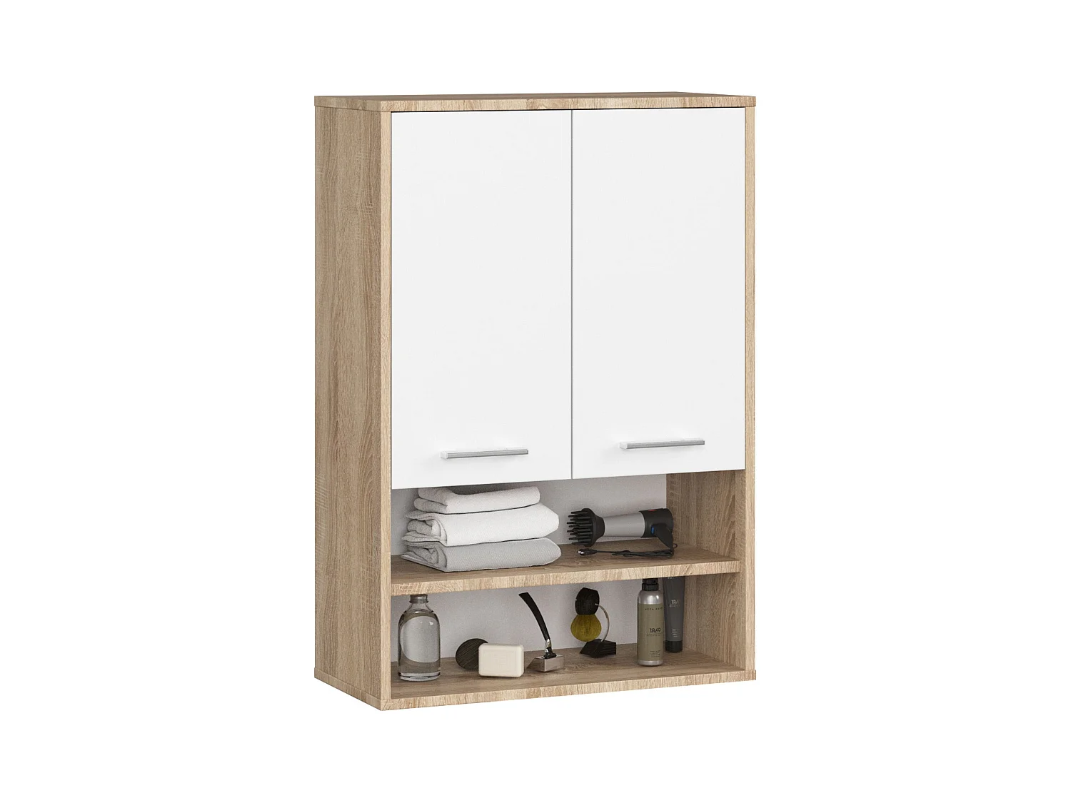Armoire salle de bains suspendue AKORD FIN Chêne Sonoma 64 cm 2 portes façade Blanche 4 étagères 64x30x94 cm