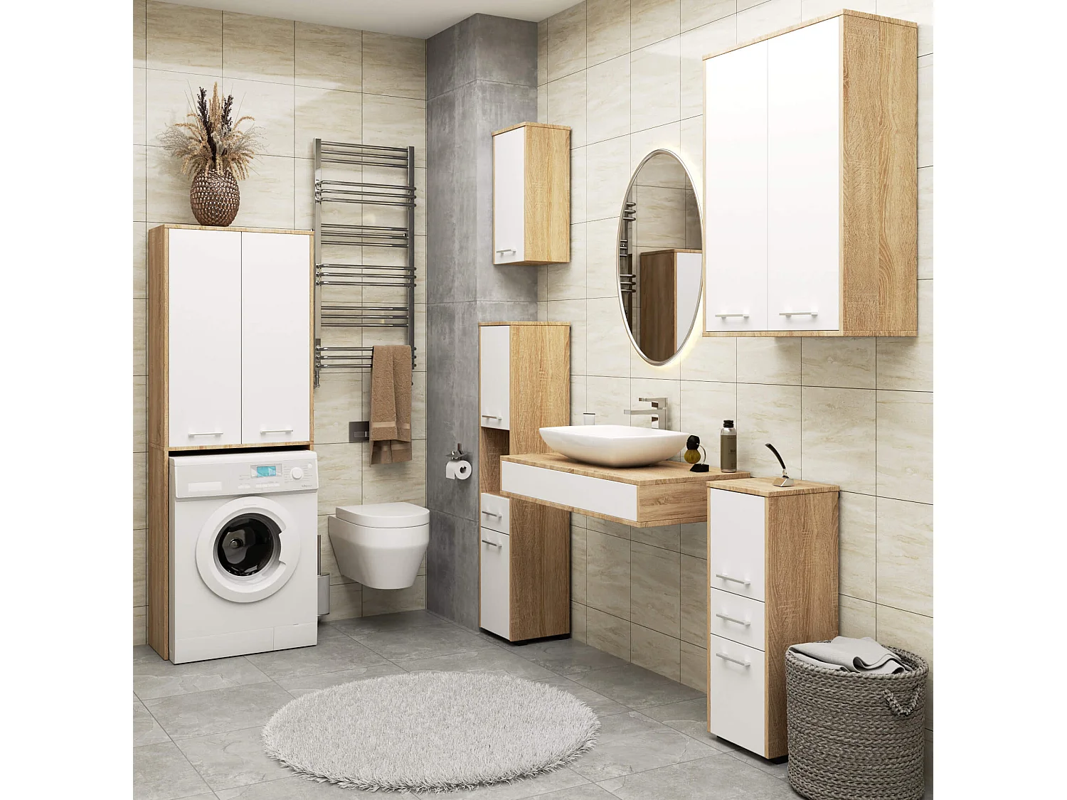 Armoire salle de bains suspendue AKORD FIN Chêne Sonoma 64 cm 2 portes façade Blanche 4 étagères 64x30x94 cm