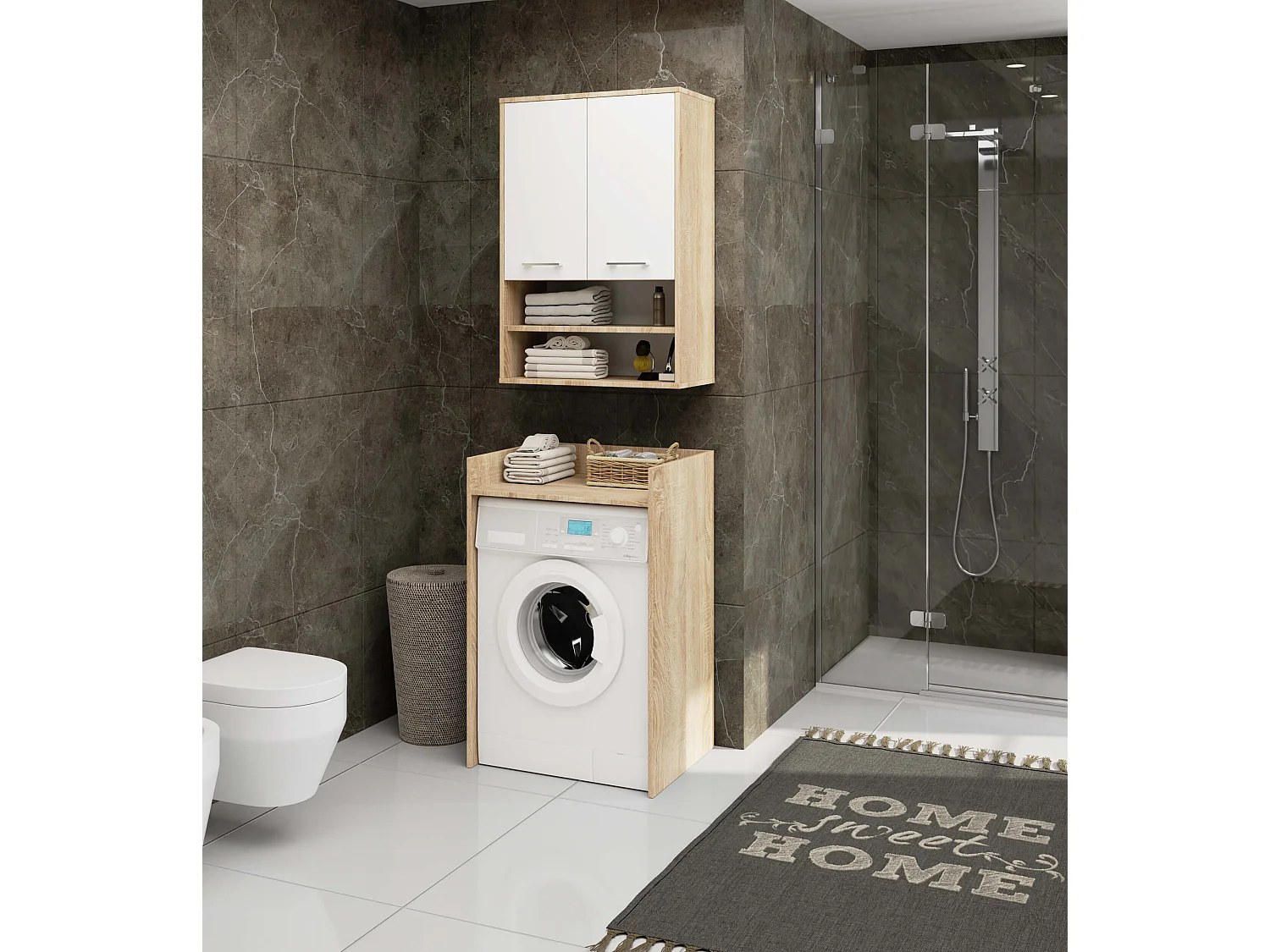 Hangende Badkamerkast FIN H934 W64 met 2 Deuren en 4 Planken / AKORD Furniture Factory / Sonoma Eik - Wit / 64 x 94 x 30 cm