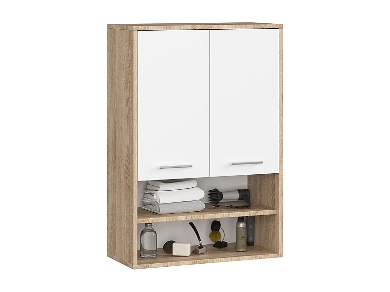 Armoire salle de bains suspendue AKORD FIN Chêne Sonoma 64 cm 2 portes façade Blanche 4 étagères 64x30x94 cm