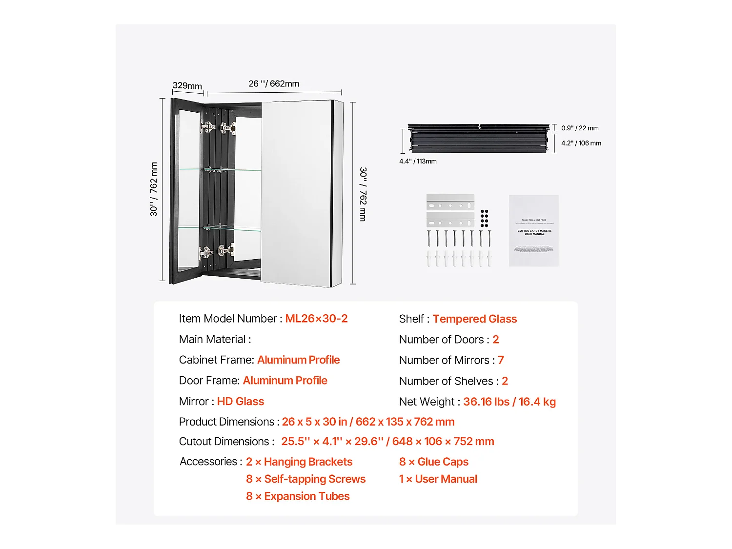 Armoire à Pharmacie, buffet médicaments à deux portes, SucceBuy Armoire à Pharmacie 66.2 × 76,2 cm - Armoire à Miroir avec Étagères Réglables