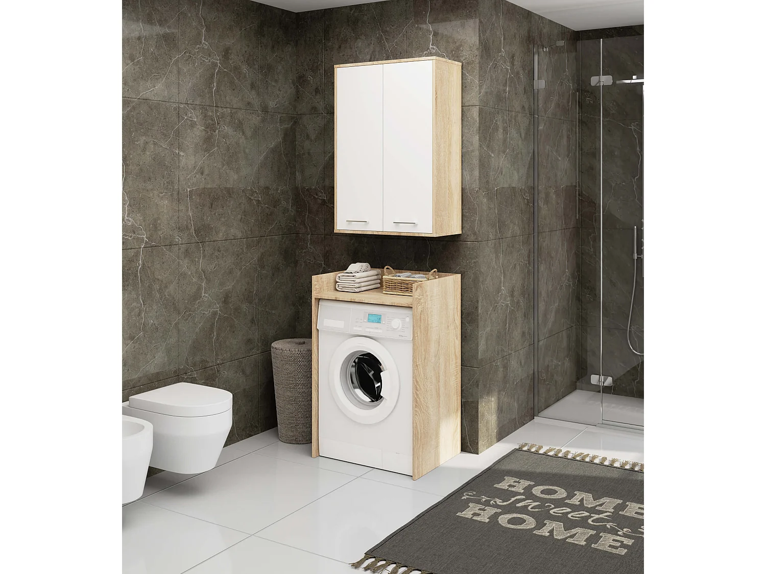 Armoire salle de bains suspendue AKORD FIN Chêne Sonoma 64 cm 2 portes pleine Blanche 4 étagères 64x30x94 cm