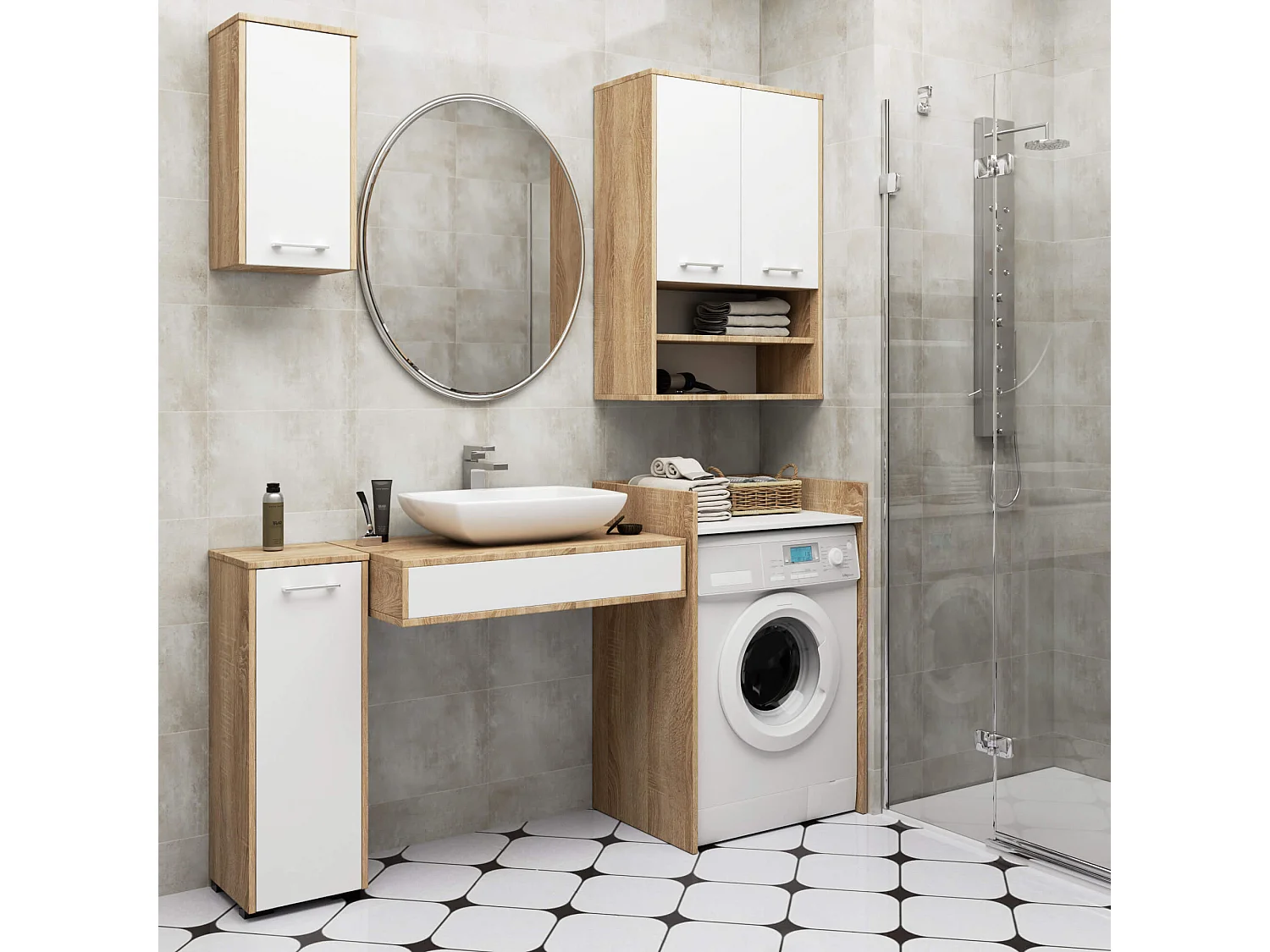 Armoire salle de bains suspendue AKORD FIN Chêne Sonoma 64 cm 2 portes pleine Blanche 4 étagères 64x30x94 cm