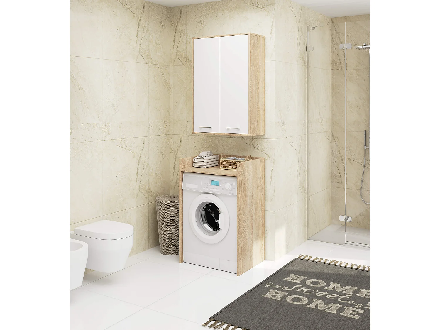 Armoire salle de bains suspendue AKORD FIN Chêne Sonoma 64 cm 2 portes pleine Blanche 4 étagères 64x30x94 cm