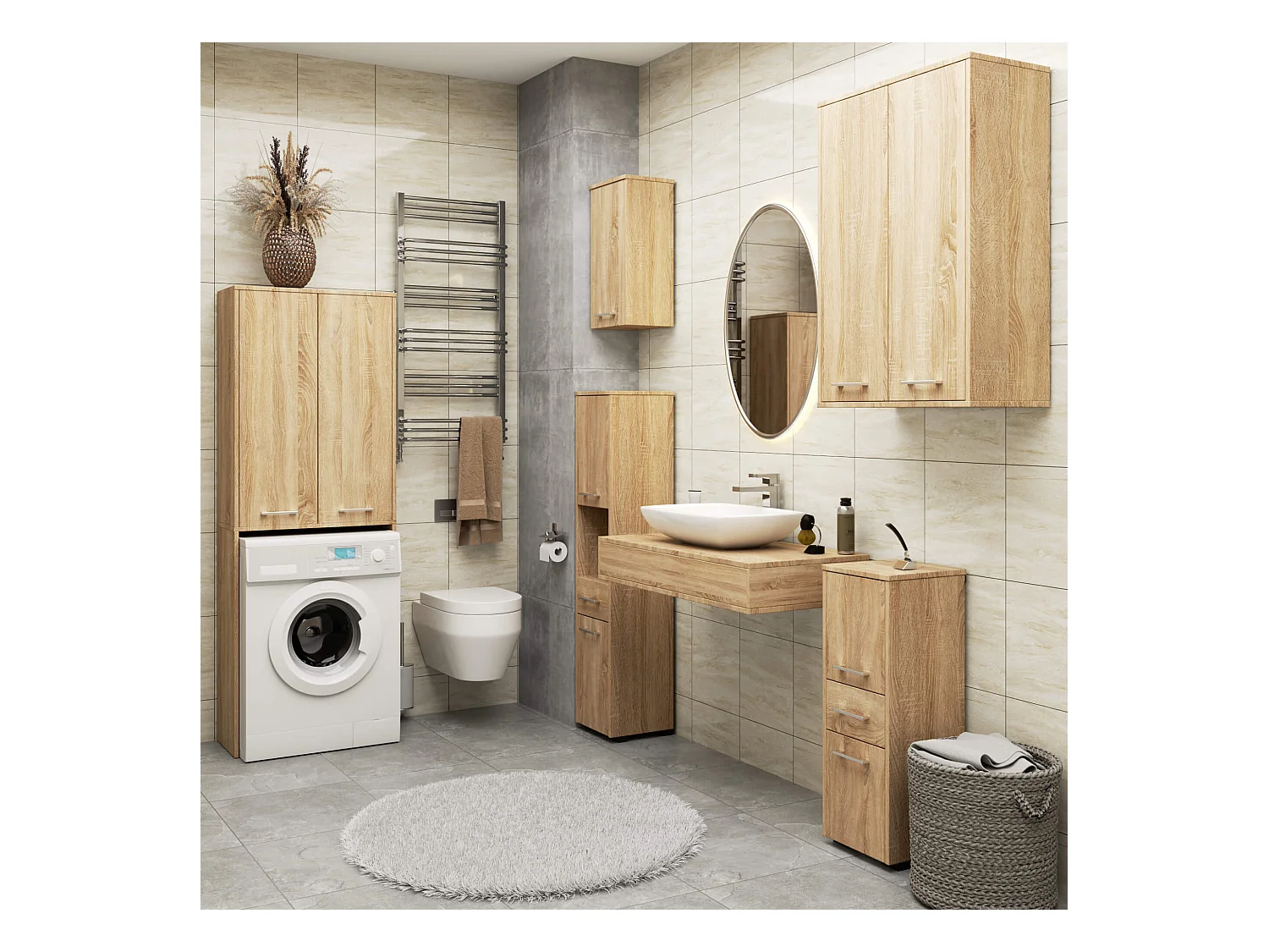 Armoire salle de bains suspendue AKORD FIN Chêne Sonoma 64 cm 2 portes pleine Chêne Sonoma 4 étagères 64x30x94 cm