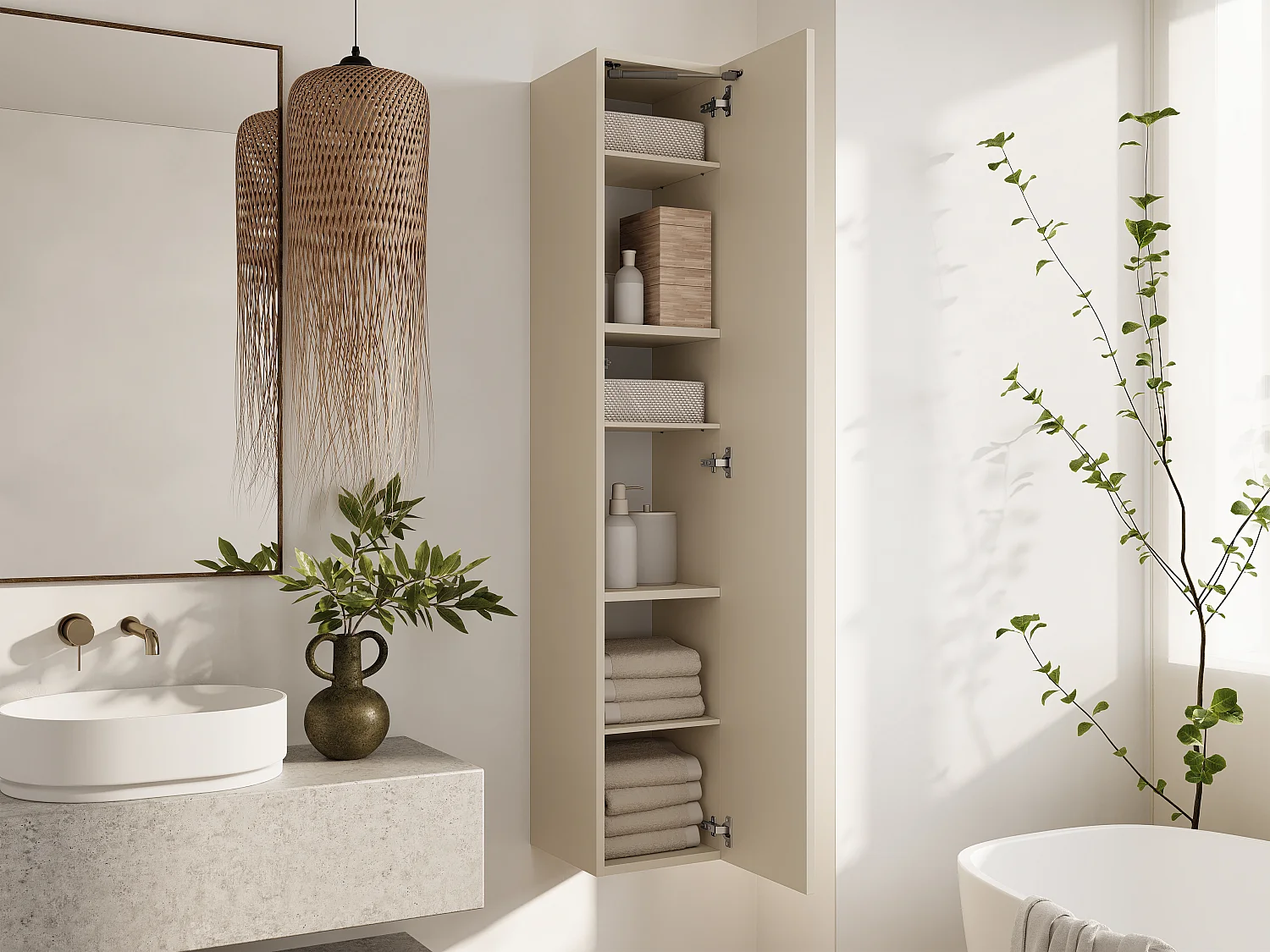 Zwevende badkamerkolom KAYA 105/160 cm – Moderne hoge kast met Push to Open-systeem