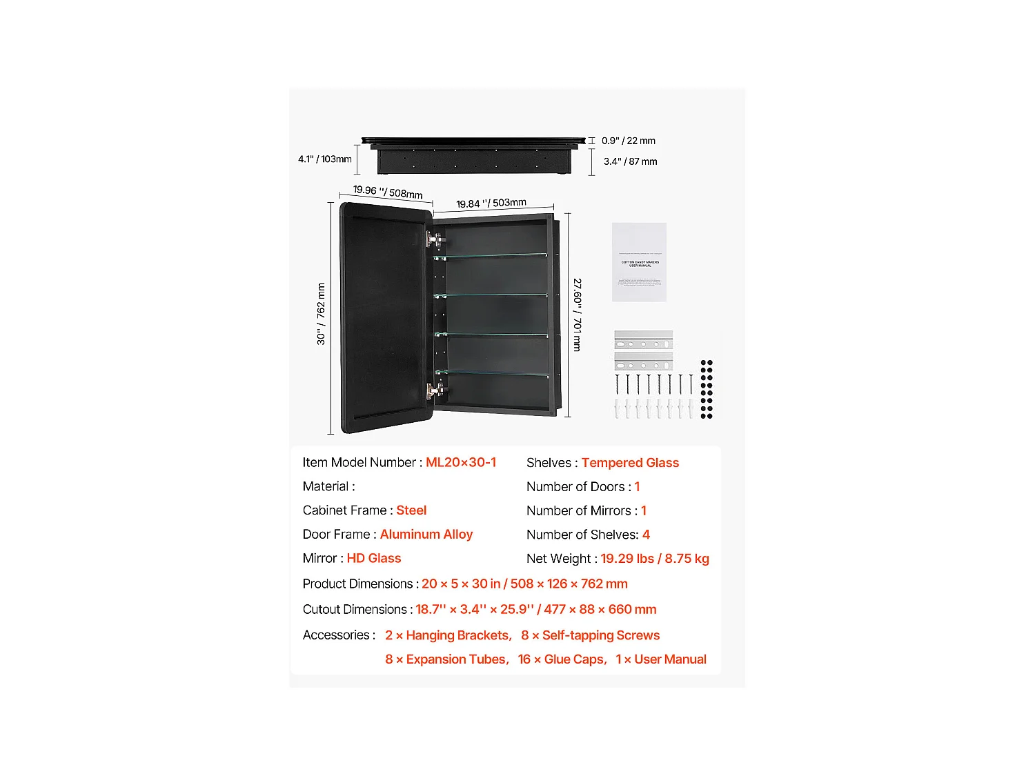 Armoire à Pharmacie, SucceBuy Armoire à Pharmacie, 51 x 76 cm, pour Salle de Bain avec Miroir, Étages Réglables, Options Encastrées et Fixées au Mur
