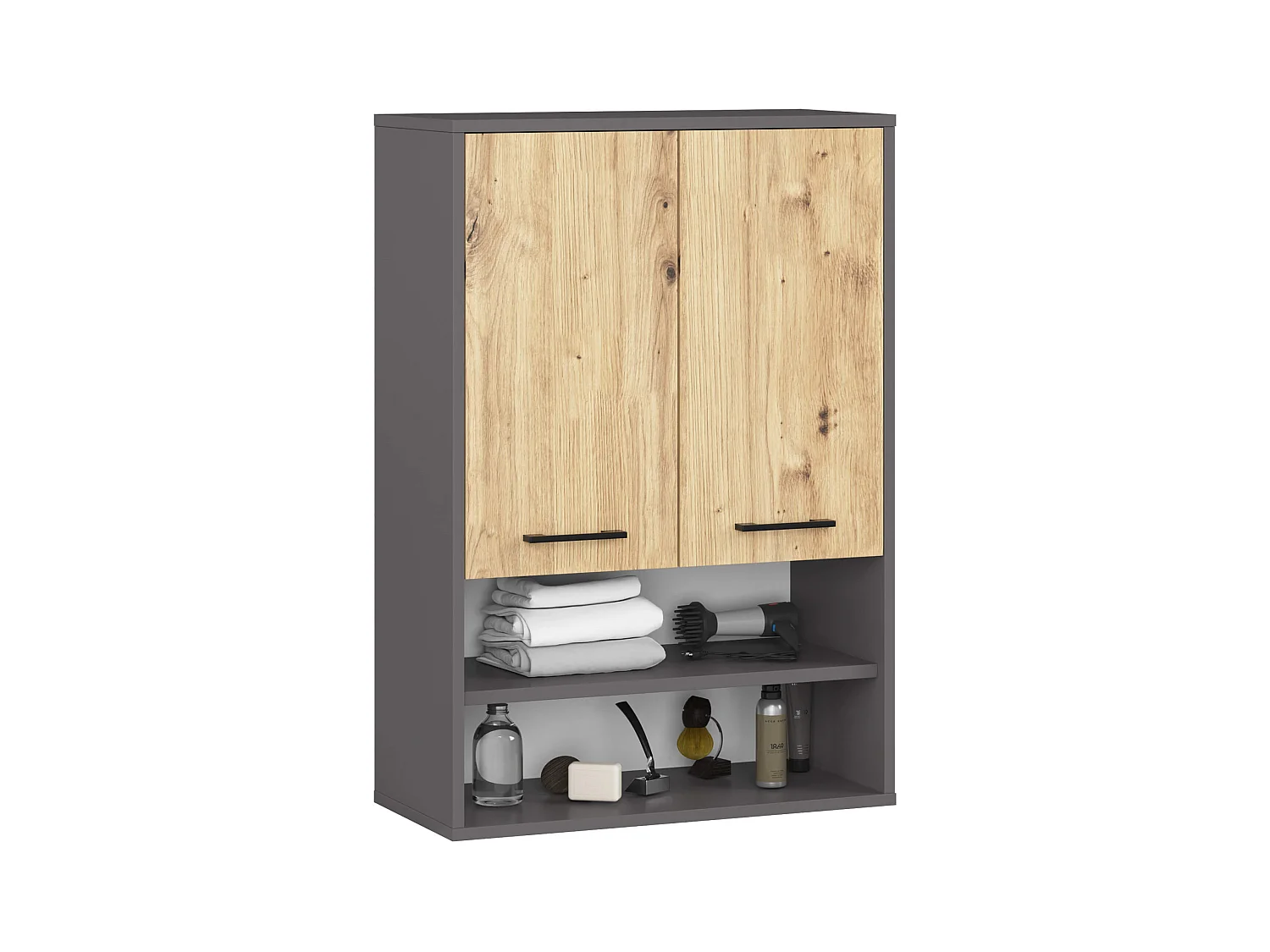 Armoire salle de bains suspendue AKORD FIN Gris Graphite 64 cm 2 portes façade Chêne Artisan 4 étagères 64x30x94 cm