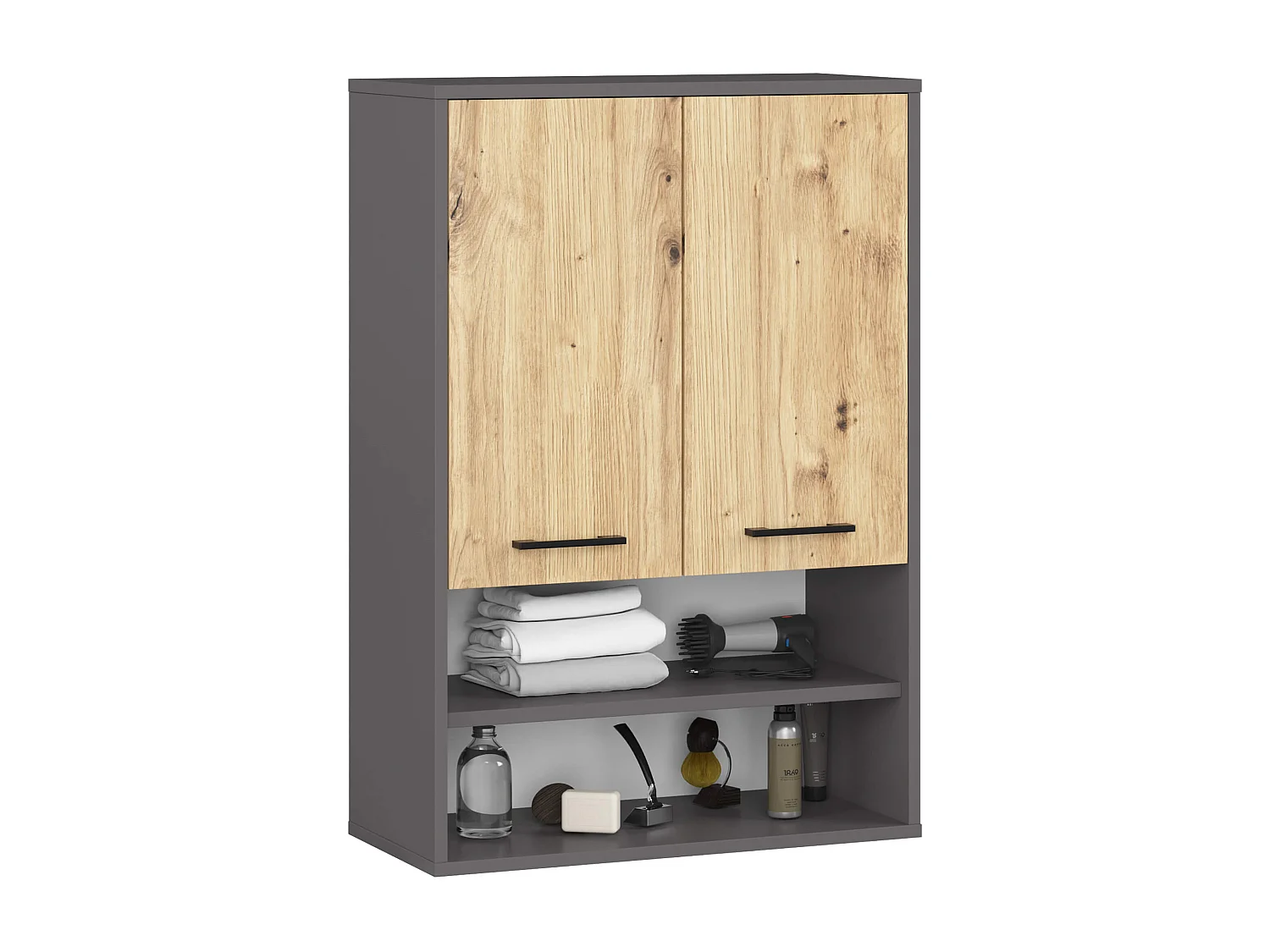 Badezimmer-Hängeschrank FIN Graphitgrau 64 cm 2 Türen Front Artisan Eiche 4 Regalböden B64xH94xT30 cm