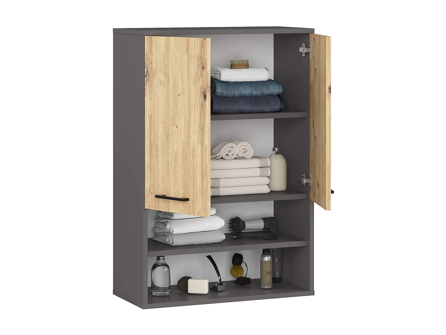 Badezimmer-Hängeschrank FIN Graphitgrau 64 cm 2 Türen Front Artisan Eiche 4 Regalböden B64xH94xT30 cm