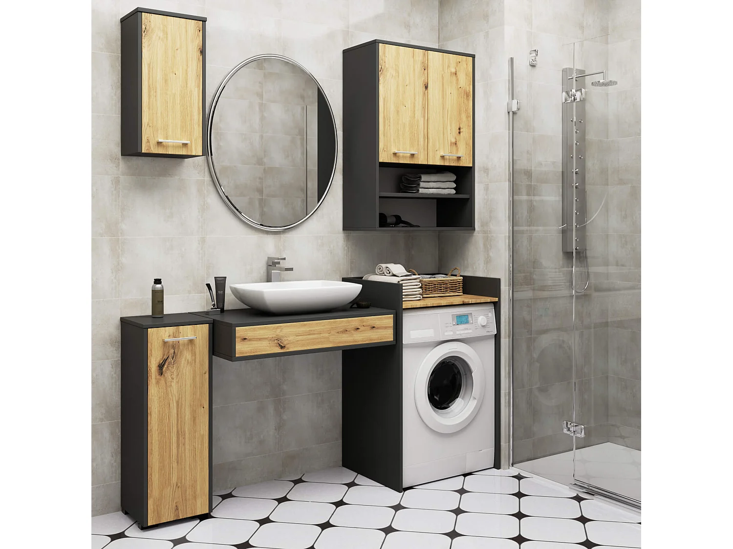 Badezimmer-Hängeschrank FIN Graphitgrau 64 cm 2 Türen Front Artisan Eiche 4 Regalböden B64xH94xT30 cm